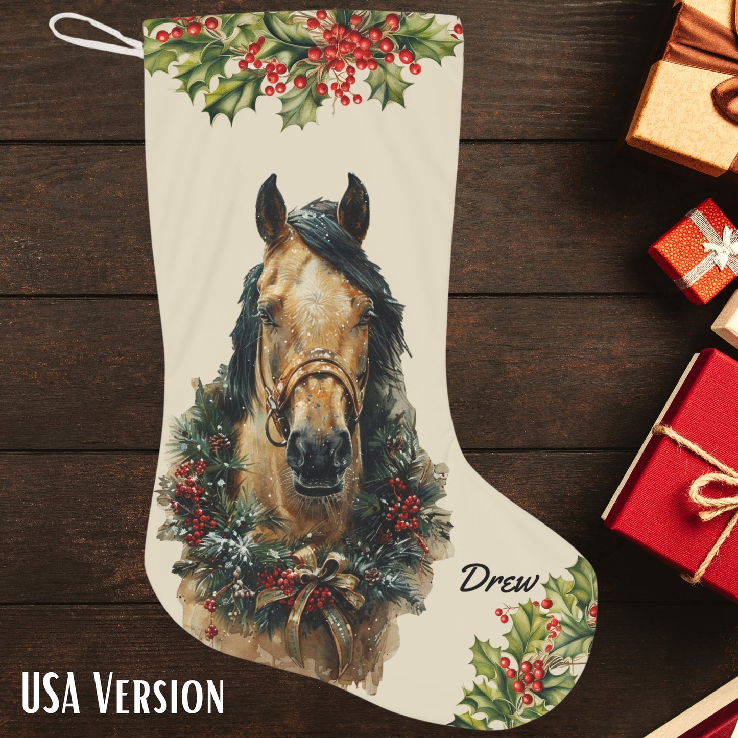 Personalized Christmas Buckskin Horse EX - Large Stocking, Holiday Gift for Horse Lover - FlooredByArt