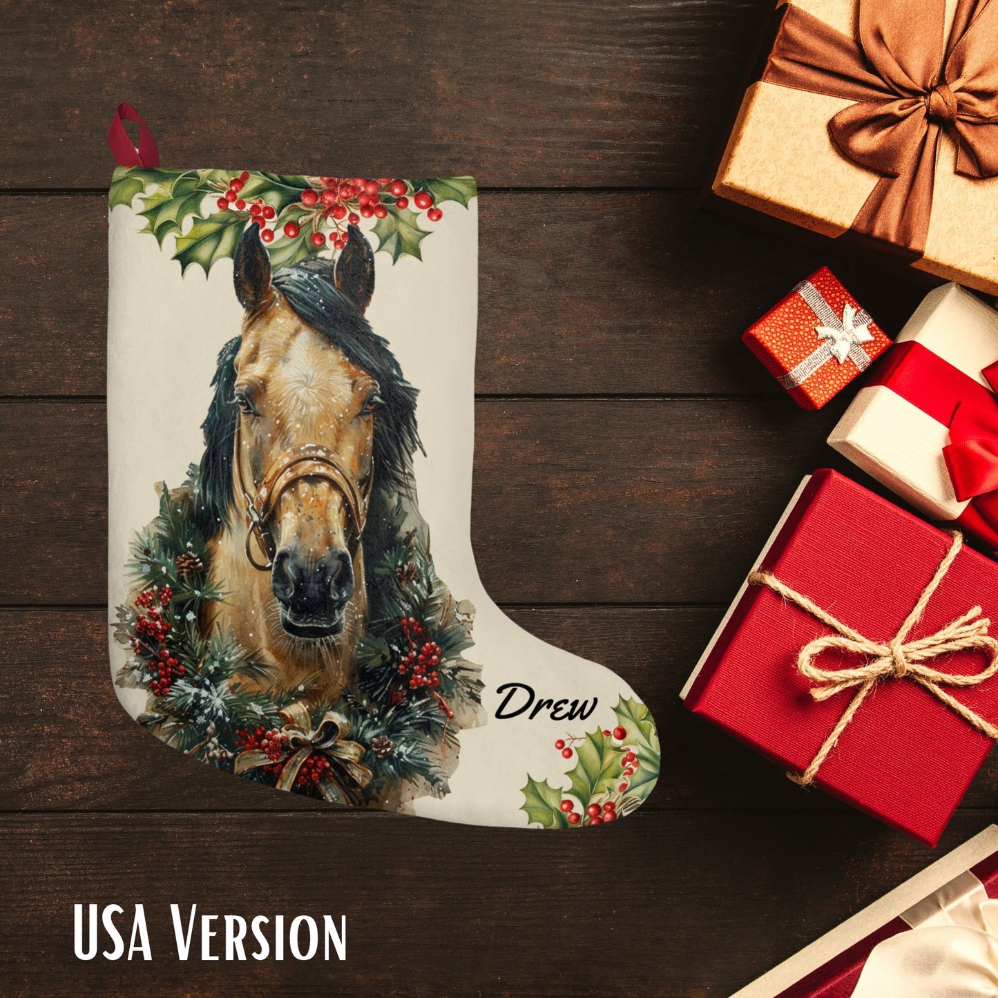 Personalized Christmas Buckskin Horse EX - Large Stocking, Holiday Gift for Horse Lover - FlooredByArt