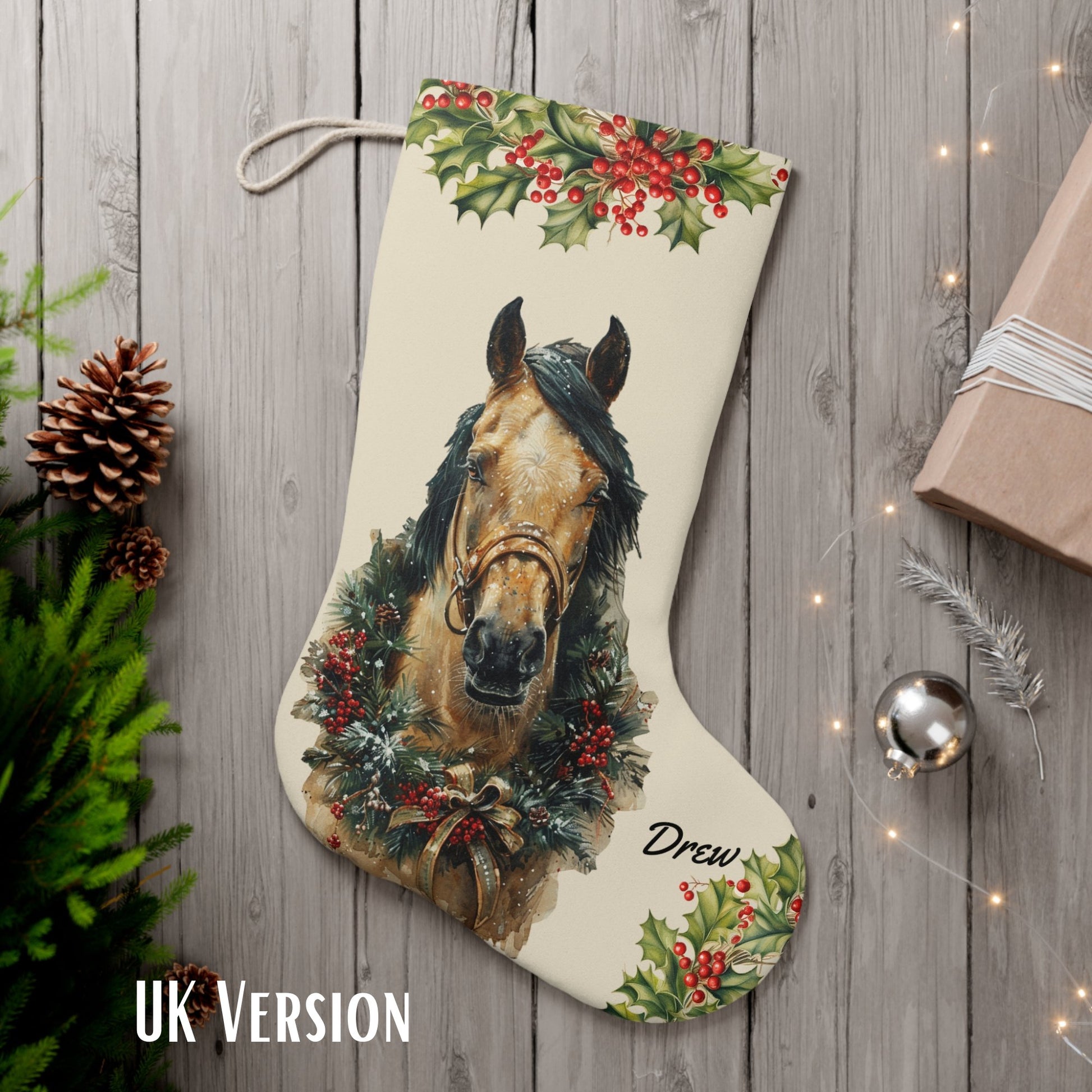 Personalized Christmas Buckskin Horse EX - Large Stocking, Holiday Gift for Horse Lover - FlooredByArt