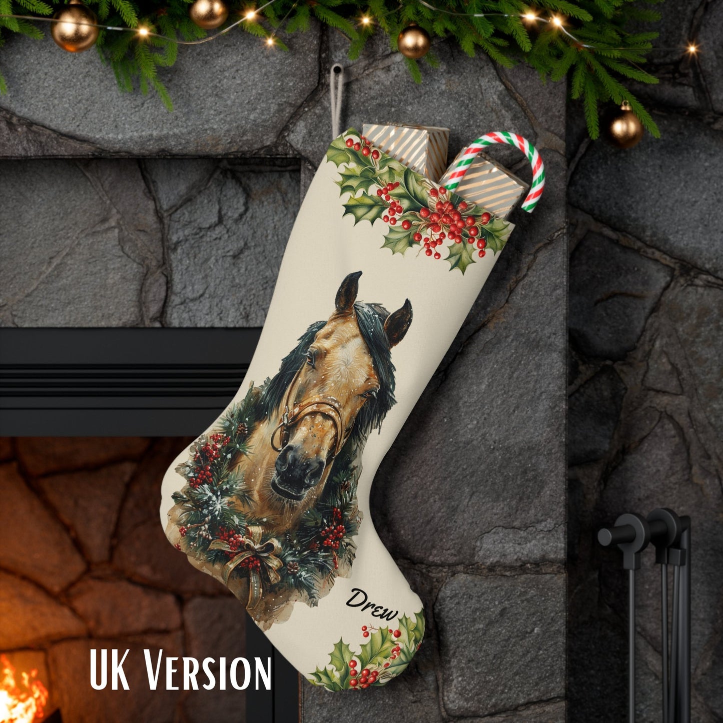 Personalized Christmas Buckskin Horse EX - Large Stocking, Holiday Gift for Horse Lover - FlooredByArt