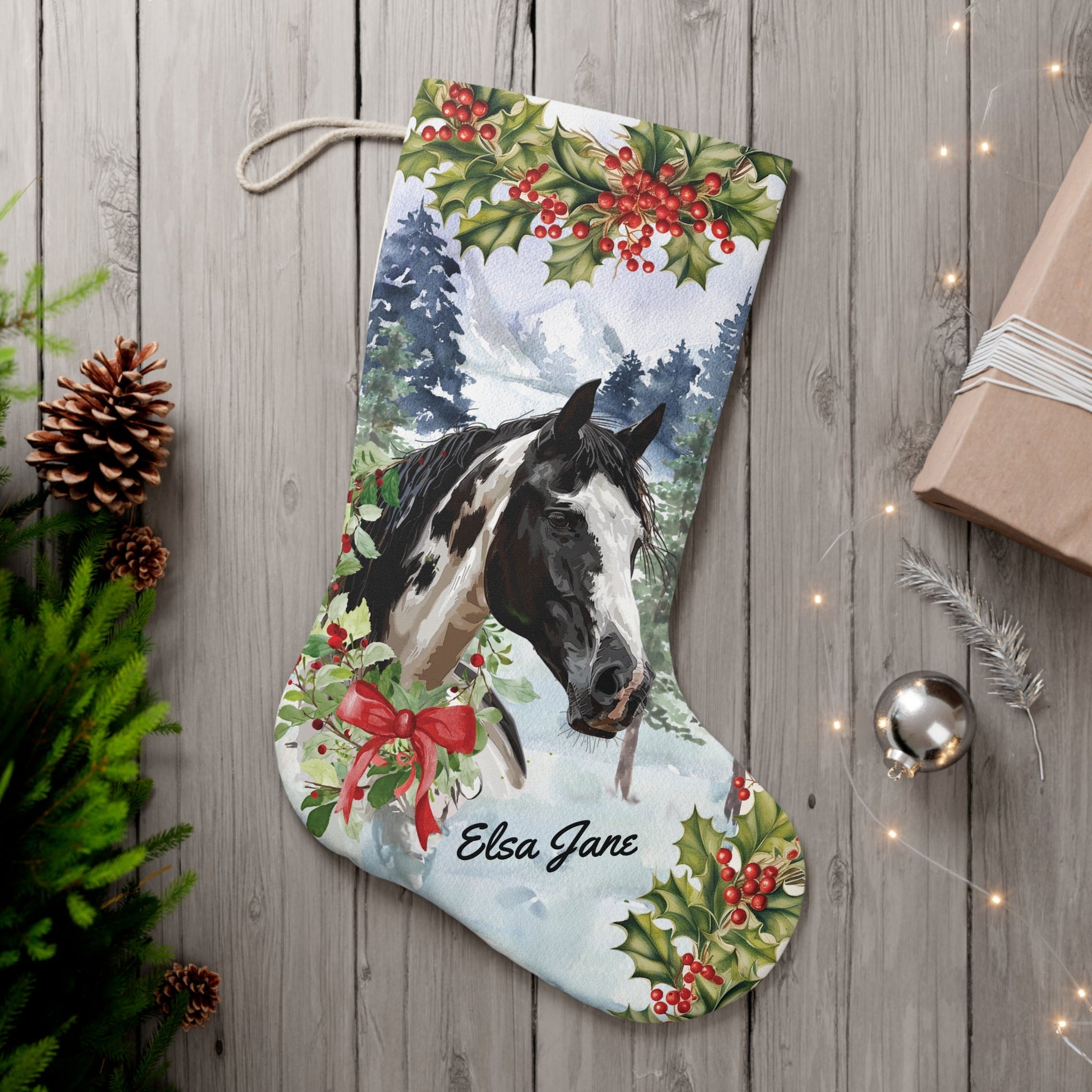 Personalized Christmas Horse EX-Large Stocking, Black & White Paint Horse Stocking - FlooredByArt