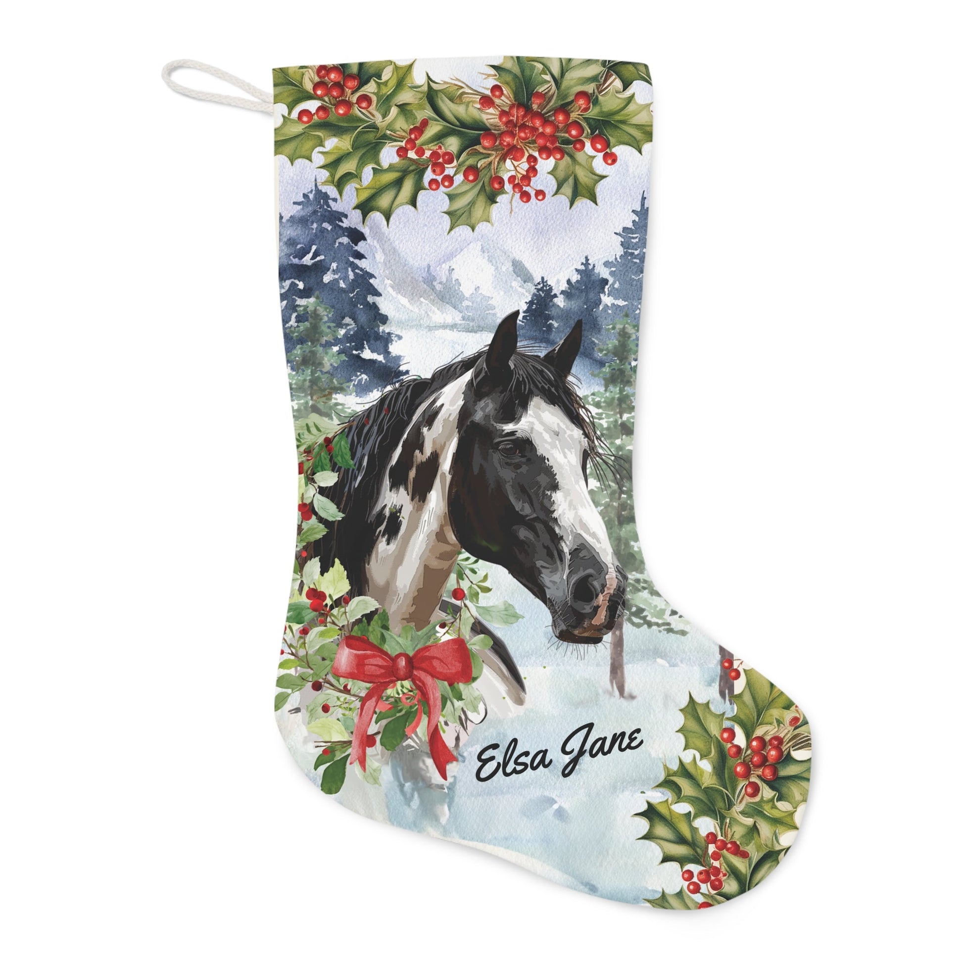 Personalized Christmas Horse EX-Large Stocking, Black & White Paint Horse Stocking - FlooredByArt