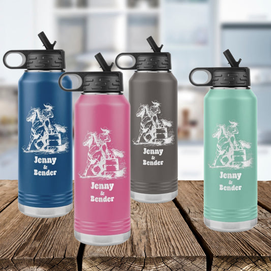 Personalized Cowgirl and Horse Barrel Racer Insulated 32oz Water Bottle,, Unique Horse Lover Gift - FlooredByArt