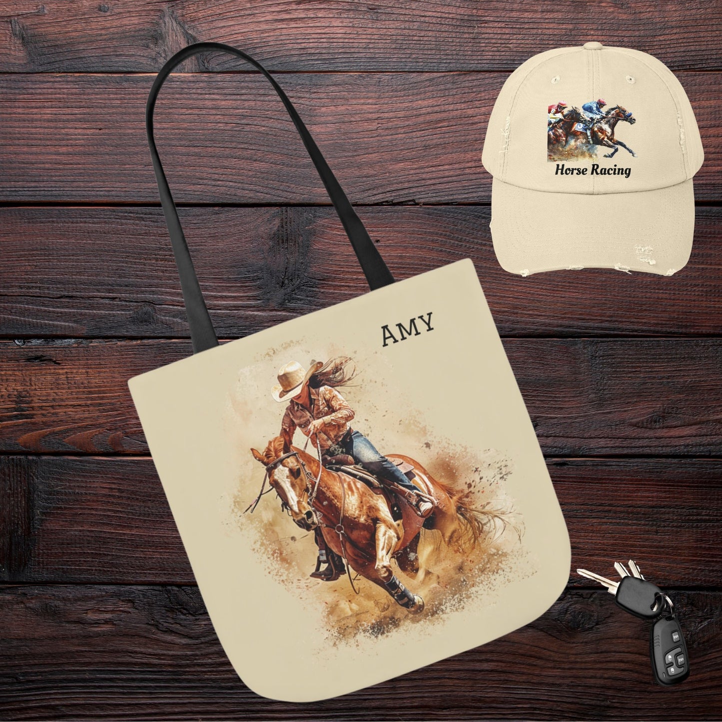 Personalized Cowgirl and Horse Tote Bag, Watercolor Painting of Barrel Racer on Carry All - FlooredByArt