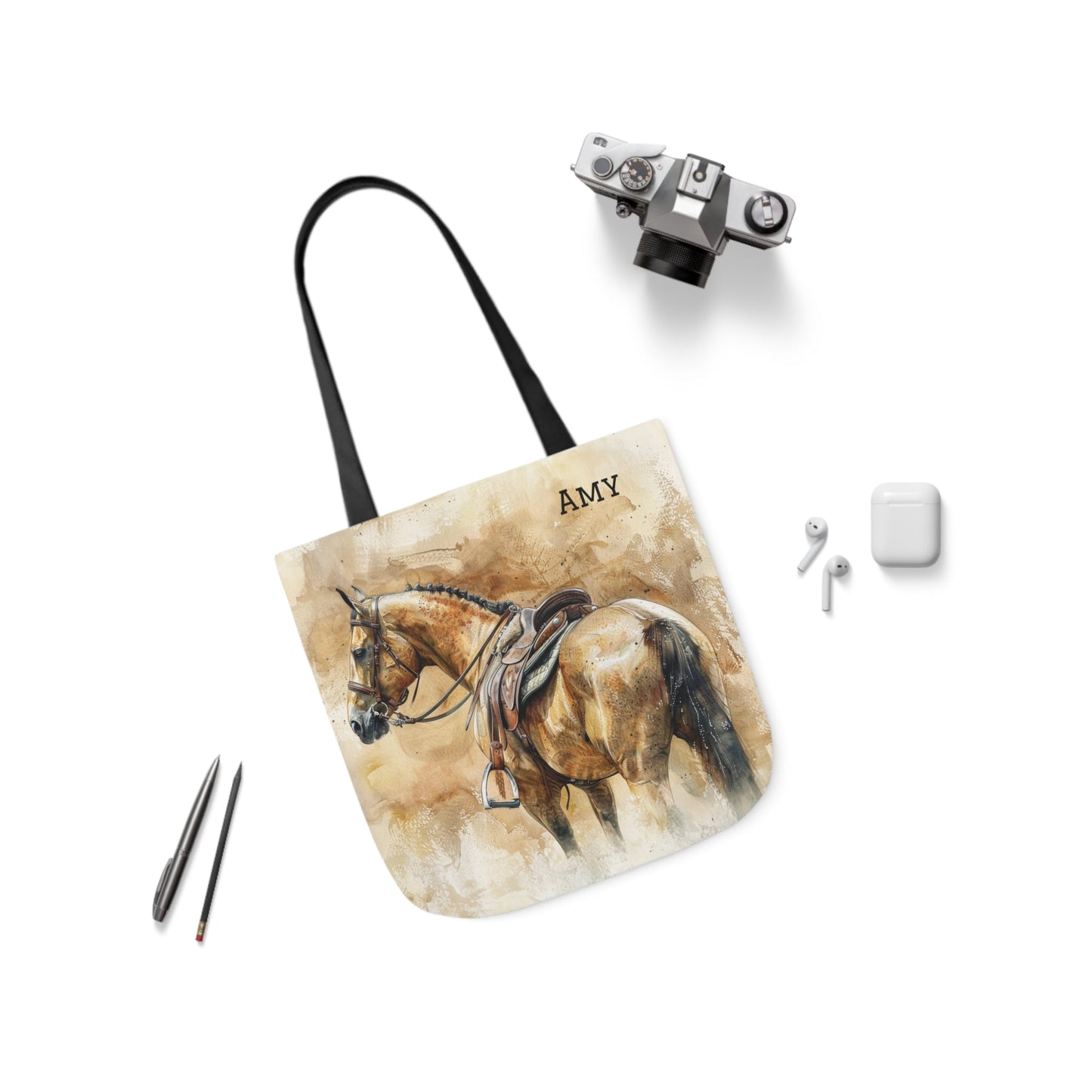 Personalized English Horse Tote Bag, Beautiful Watercolor Horse Art on a Carry All Tote Bag - FlooredByArt