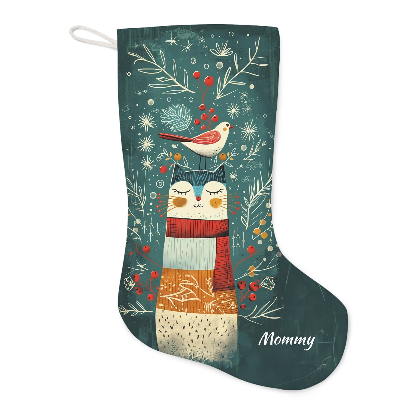 Personalized Folk Art Christmas Stocking - Cute Cat with Bird in Snow and berries - Whimsical Rustic Holiday Decor - Cat Lover Cat Mom Gift - FlooredByArt