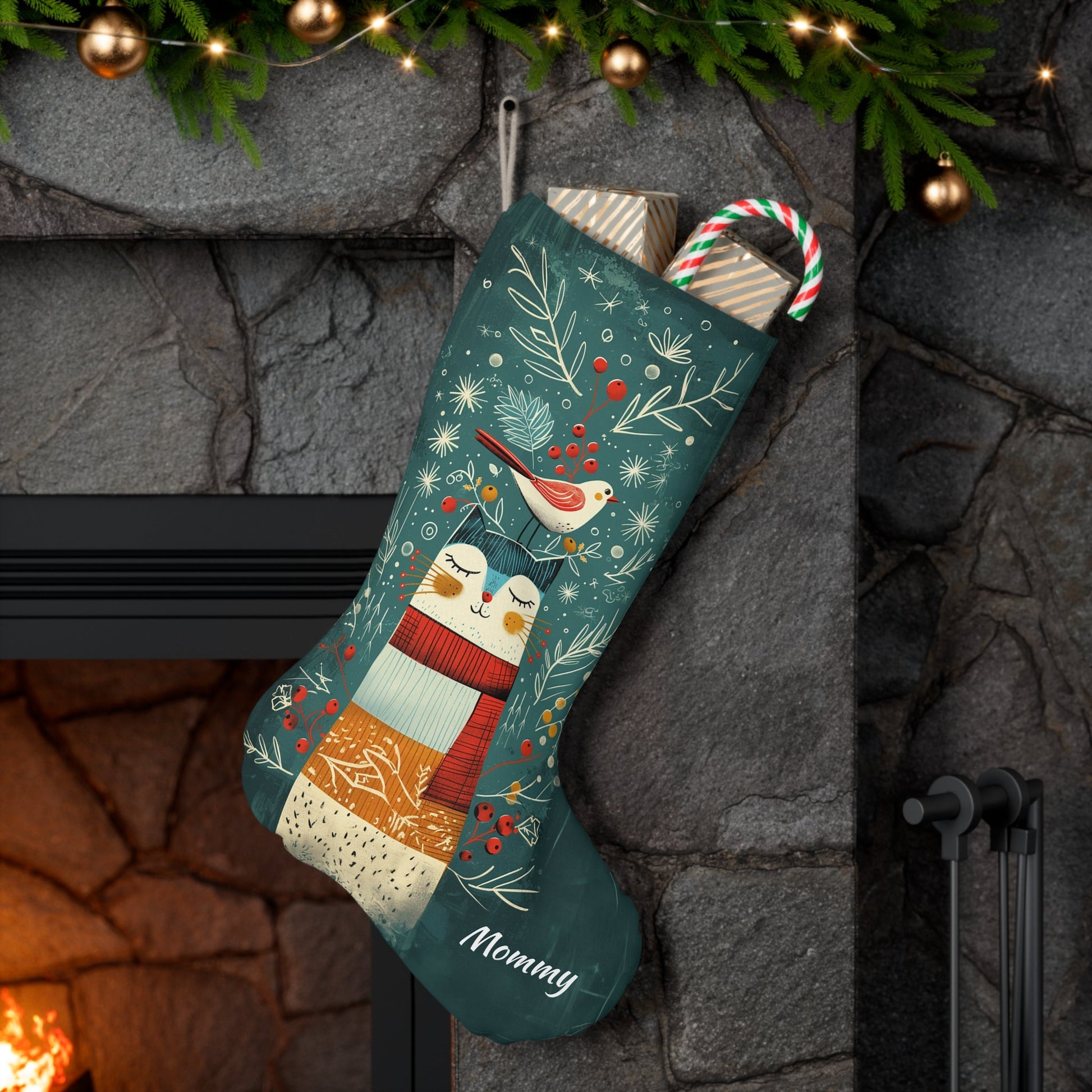 Personalized Folk Art Christmas Stocking - Cute Cat with Bird in Snow and berries - Whimsical Rustic Holiday Decor - Cat Lover Cat Mom Gift - FlooredByArt