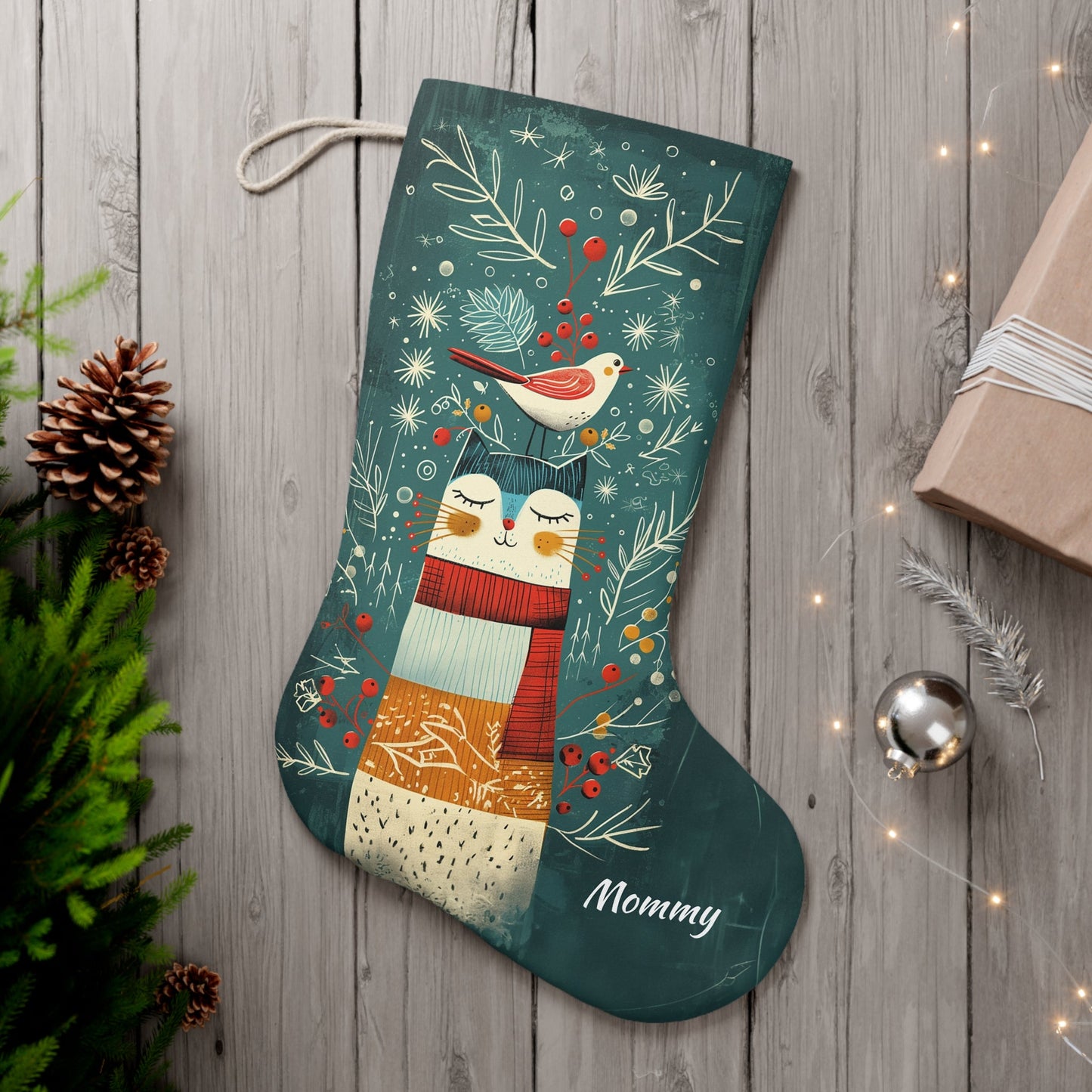 Personalized Folk Art Christmas Stocking - Cute Cat with Bird in Snow and berries - Whimsical Rustic Holiday Decor - Cat Lover Cat Mom Gift - FlooredByArt