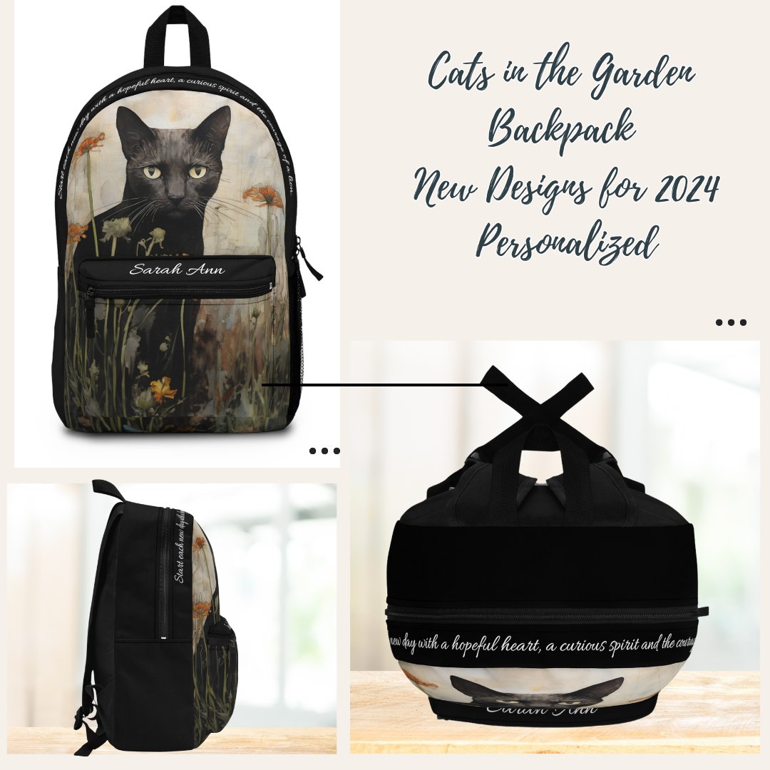 Personalized Folkart Black Cat Lover's Backpack, Custom Bookbag with Original Artwork Design - FlooredByArt