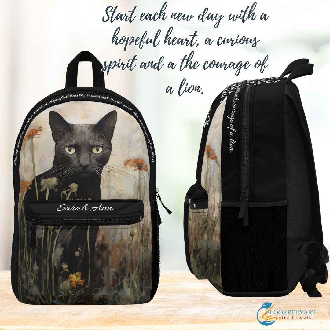 Personalized Folkart Black Cat Lover's Backpack, Custom Bookbag with Original Artwork Design - FlooredByArt