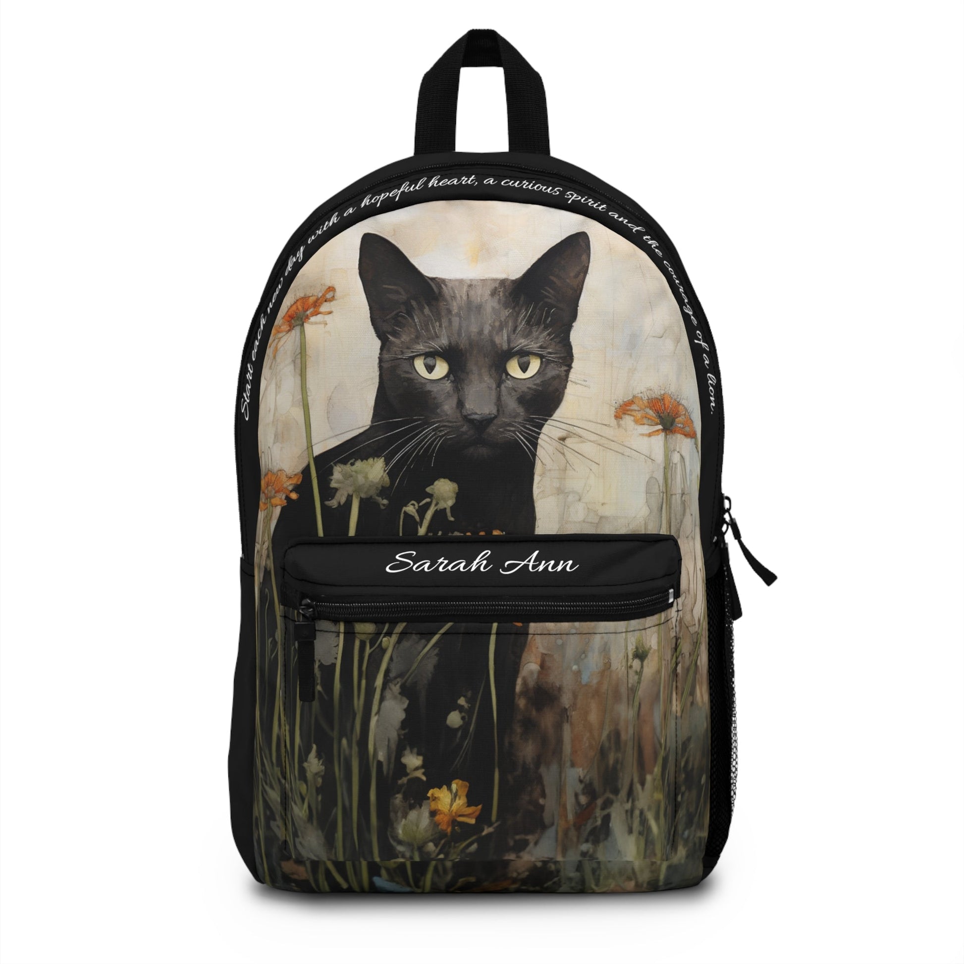 Personalized Folkart Black Cat Lover's Backpack, Custom Bookbag with Original Artwork Design - FlooredByArt