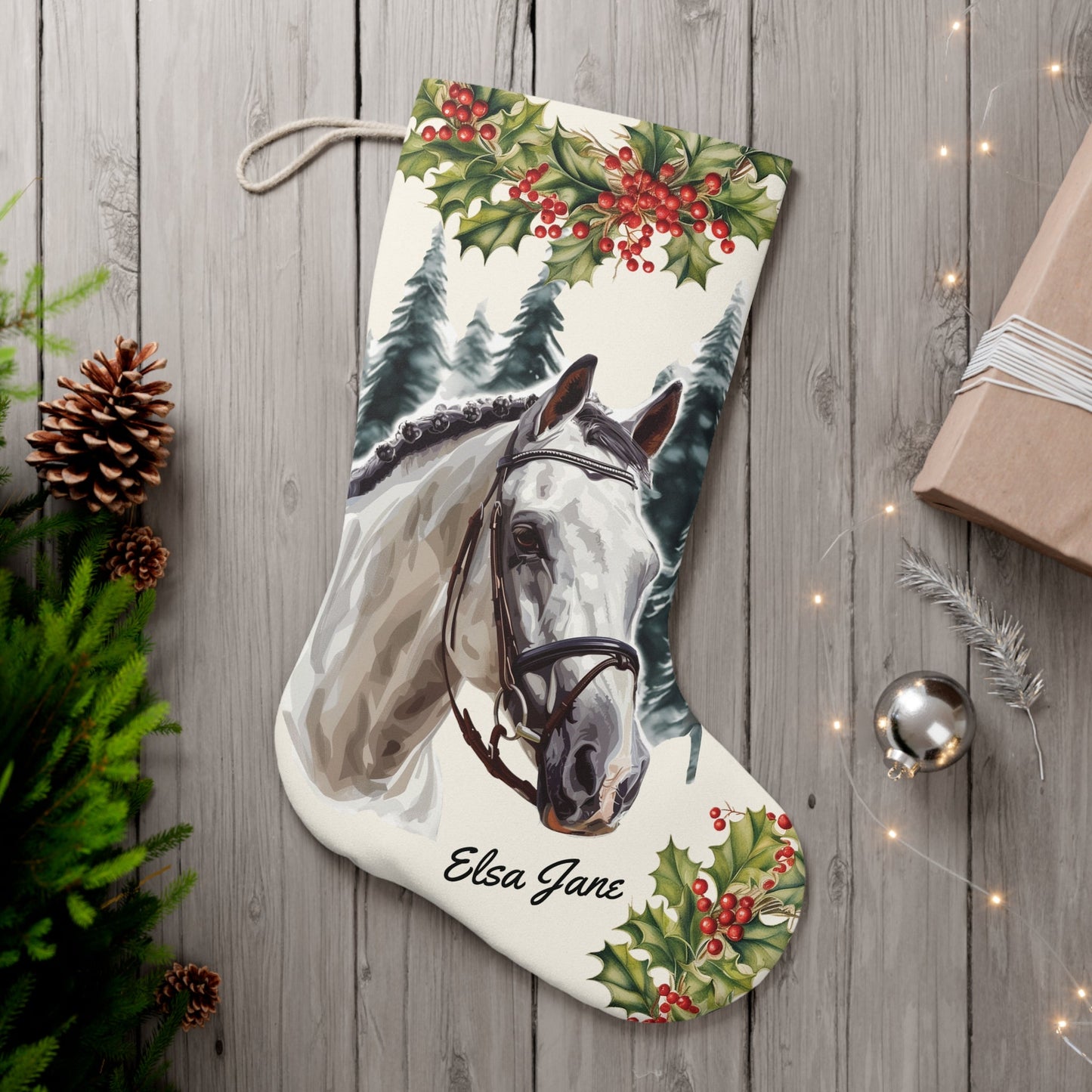 Personalized Gray Horse Christmas Stocking, Early Family Gift for Horse Lover - FlooredByArt