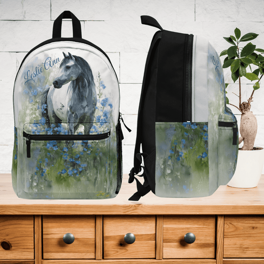 Personalized Gray Mare Backpack - Watercolor Art Horse & Blue Wildflowers, Equestrian Bookbag - FlooredByArt