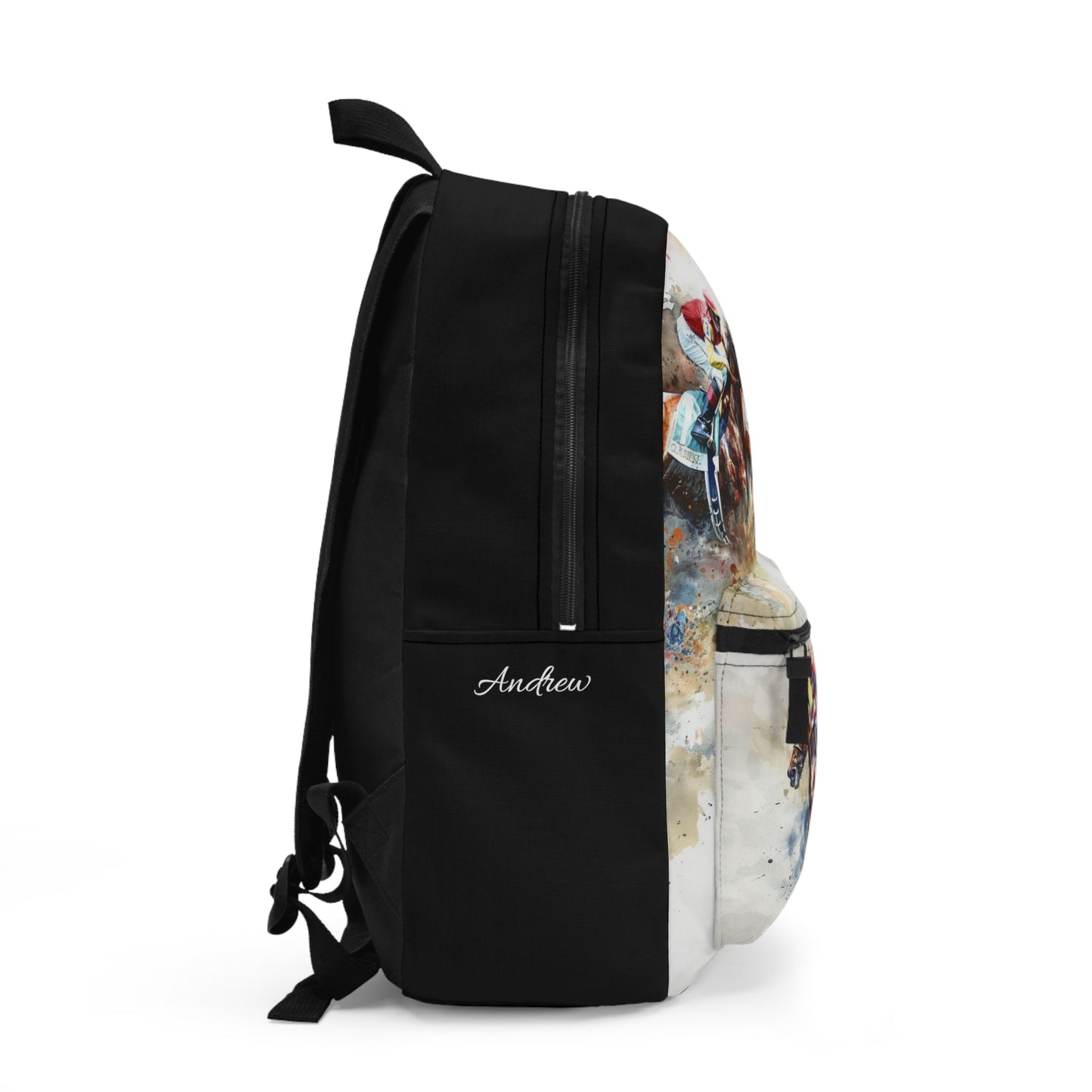 Personalized Horseracing Backpack, Watercolor of Race Horses and Jockeys, Back to School Bookbag for Any Age - FlooredByArt