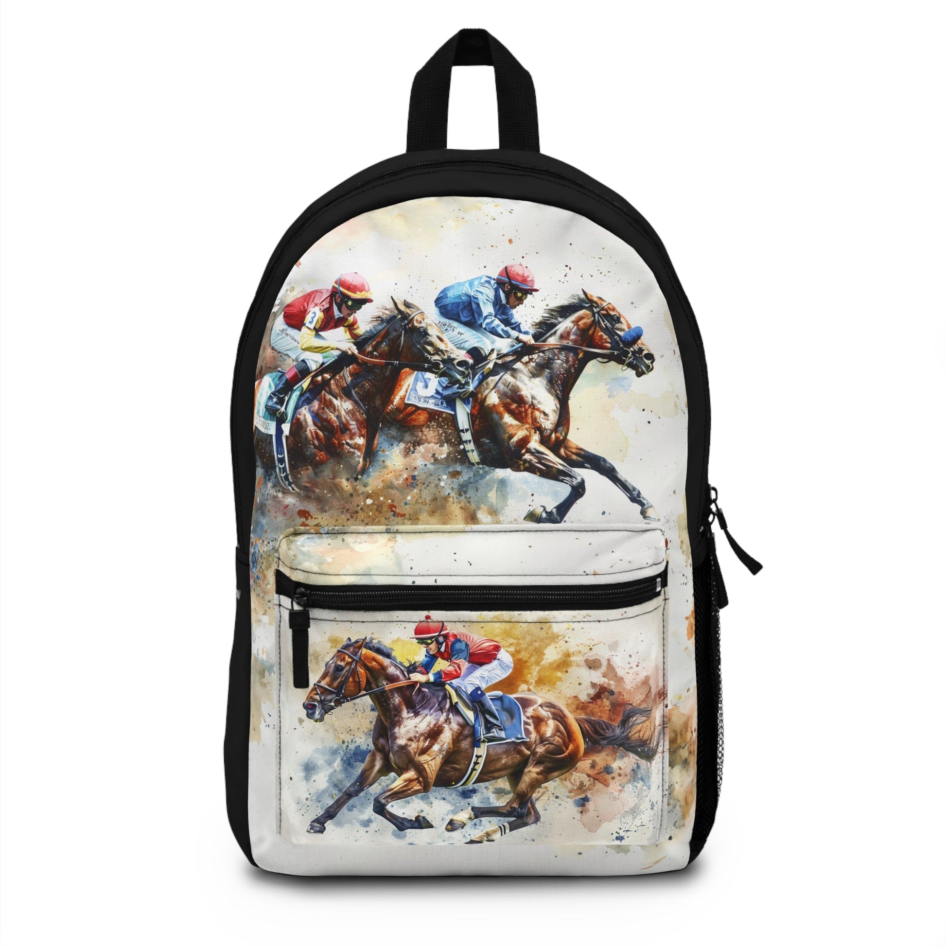 Personalized Horseracing Backpack, Watercolor of Race Horses and Jockeys, Back to School Bookbag for Any Age - FlooredByArt