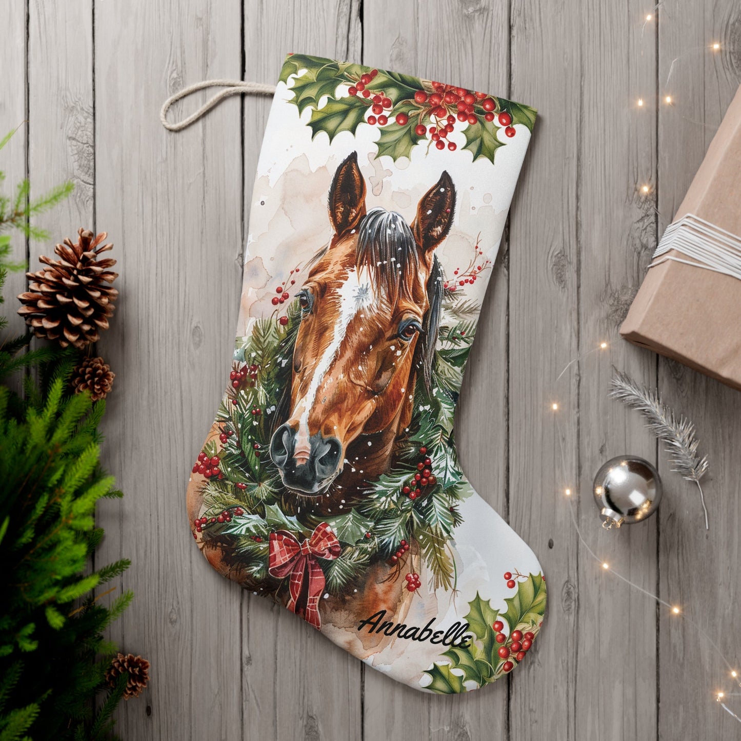 Personalized Large Christmas Horse Stocking, Brown Horse - Blaze - FlooredByArt