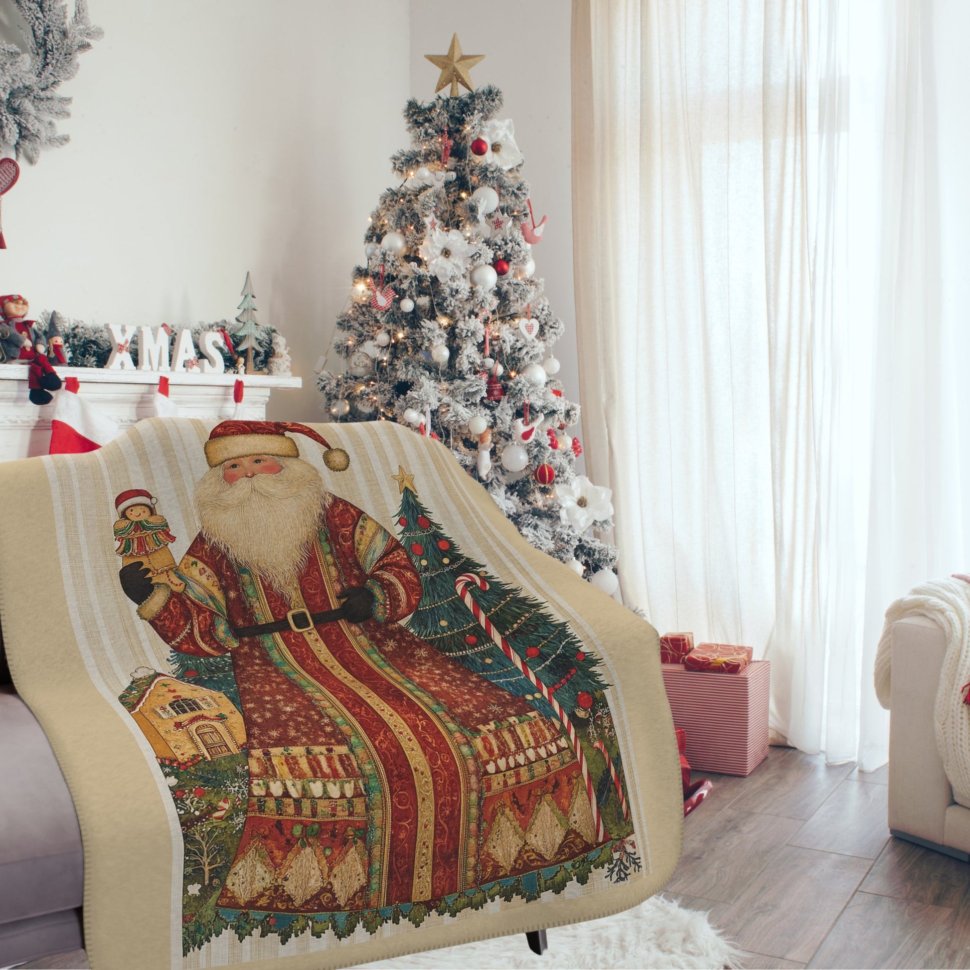 Personalized Victorian Santa Claus Throw Blanket, Retro Vintage Santa Art - FlooredByArt