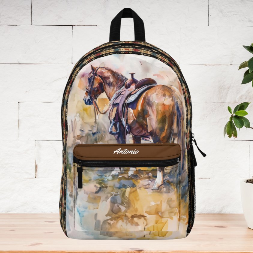 Personalized Western Horse Backpack with Aztec Design, Fun and Beautiful Watercolor - FlooredByArt