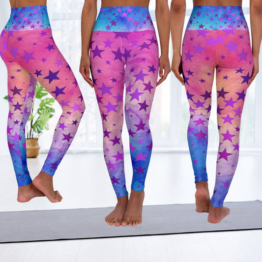 Pink Ombre And Stars Art Leggings With Stars, Beautiful Pink Blue - FlooredByArt