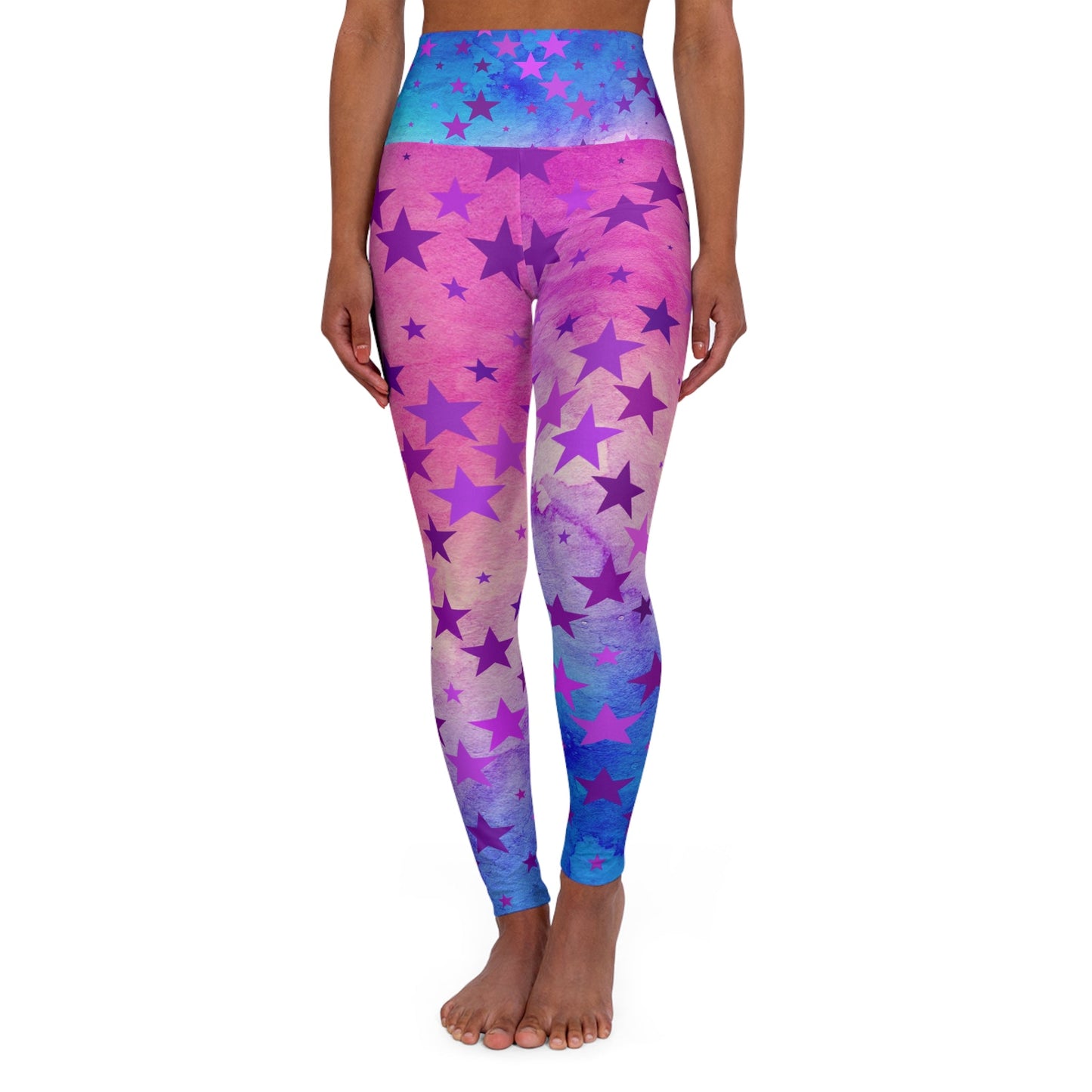 Pink Ombre And Stars Art Leggings With Stars, Beautiful Pink Blue - FlooredByArt