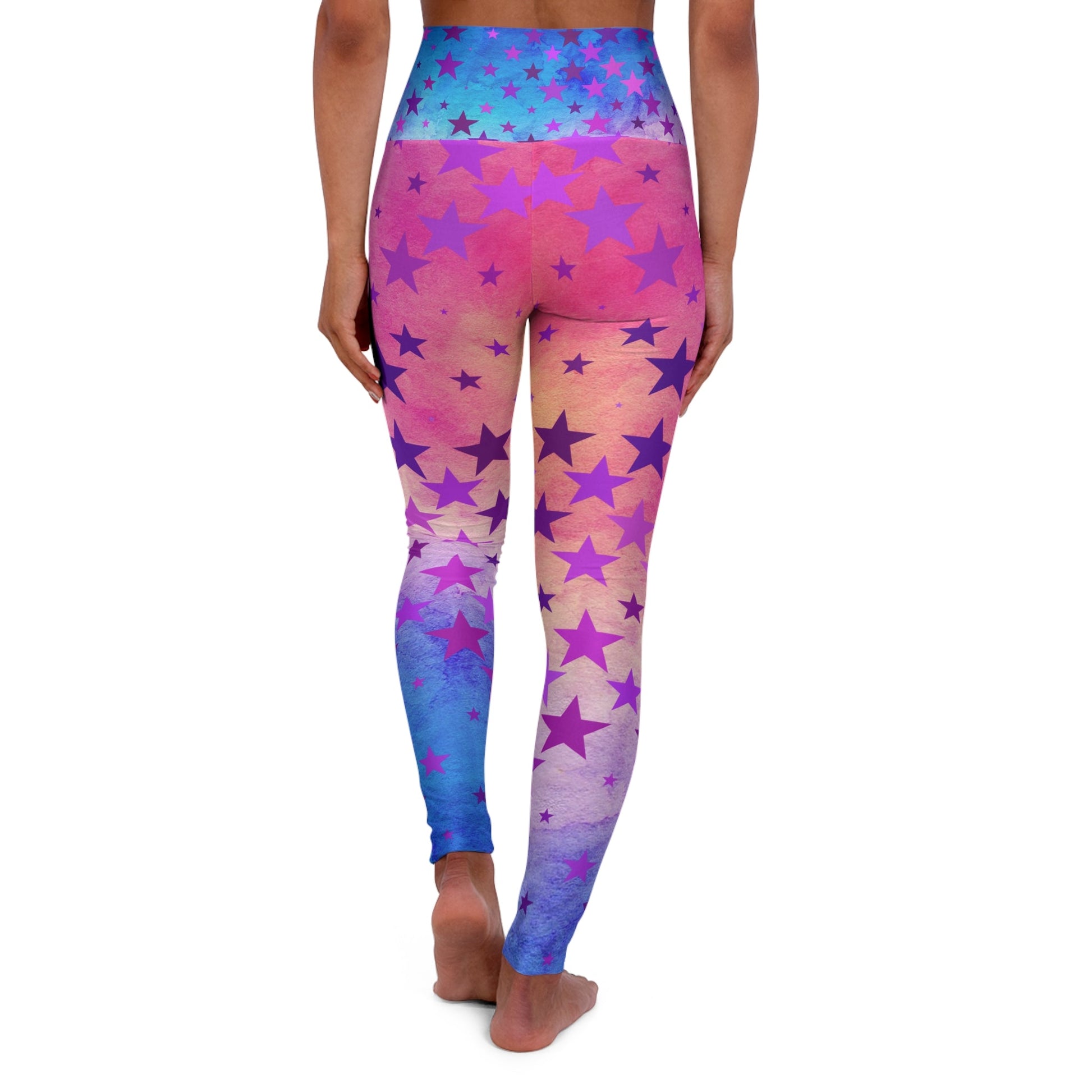 Pink Ombre And Stars Art Leggings With Stars, Beautiful Pink Blue - FlooredByArt