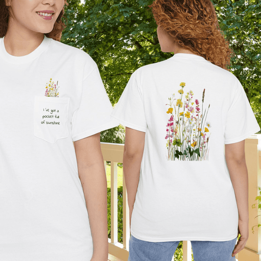 Pocket Full of Sunshine Shirt – Wildflower Pocket Tee, Nature Lover Gift, Floral Back - FlooredByArt