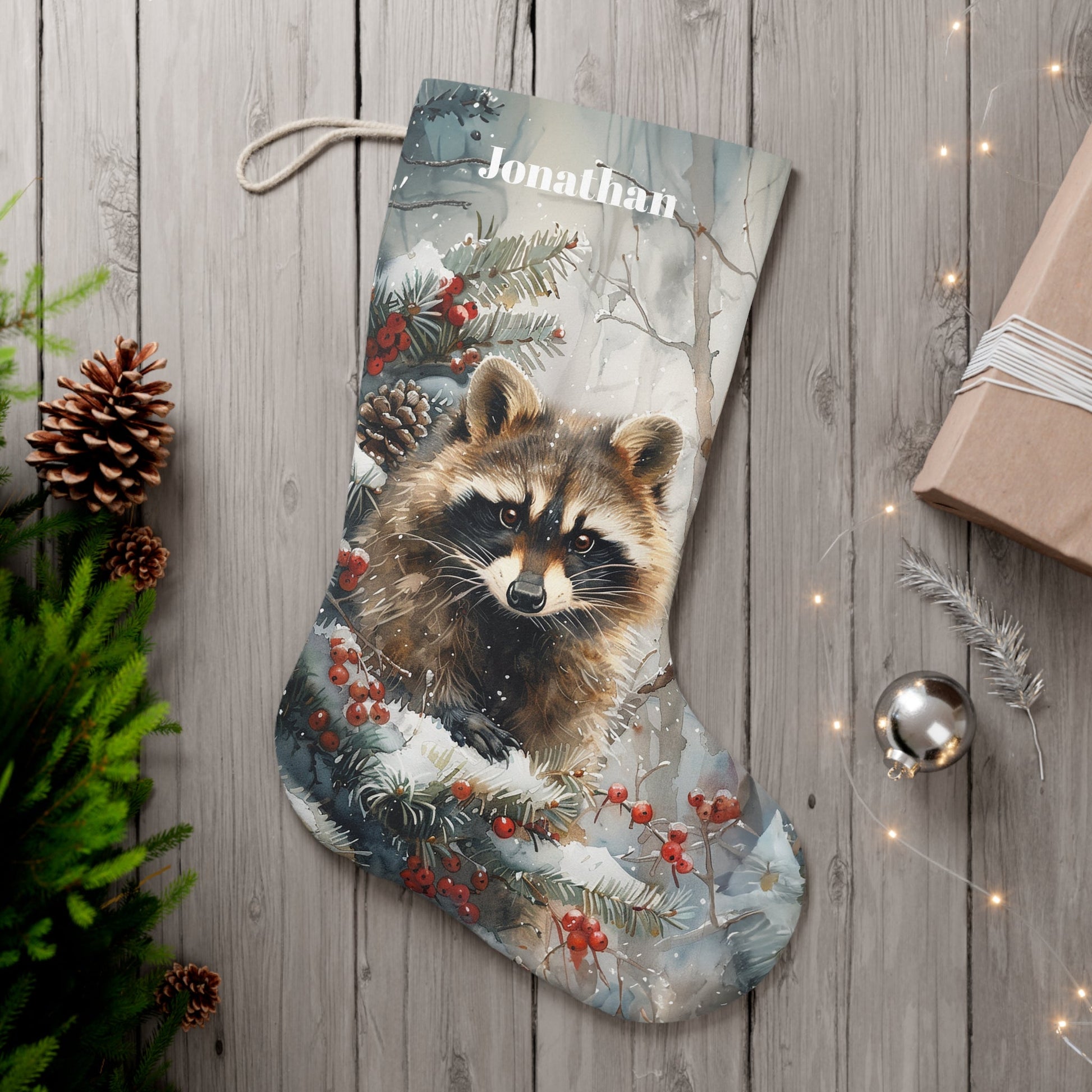 Raccoon Art Wildlife Christmas Stocking - Personalized Rustic Holiday Decor - FlooredByArt