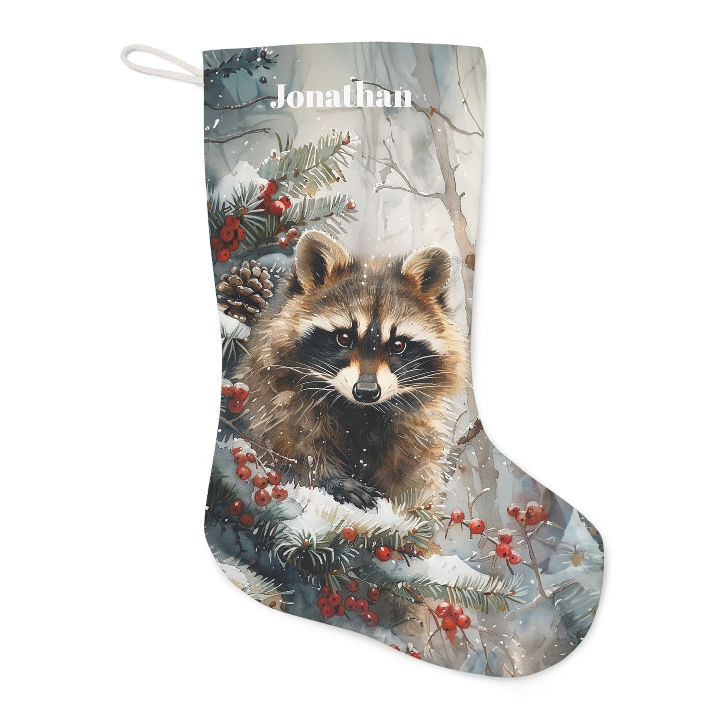 Raccoon Art Wildlife Christmas Stocking - Personalized Rustic Holiday Decor - FlooredByArt