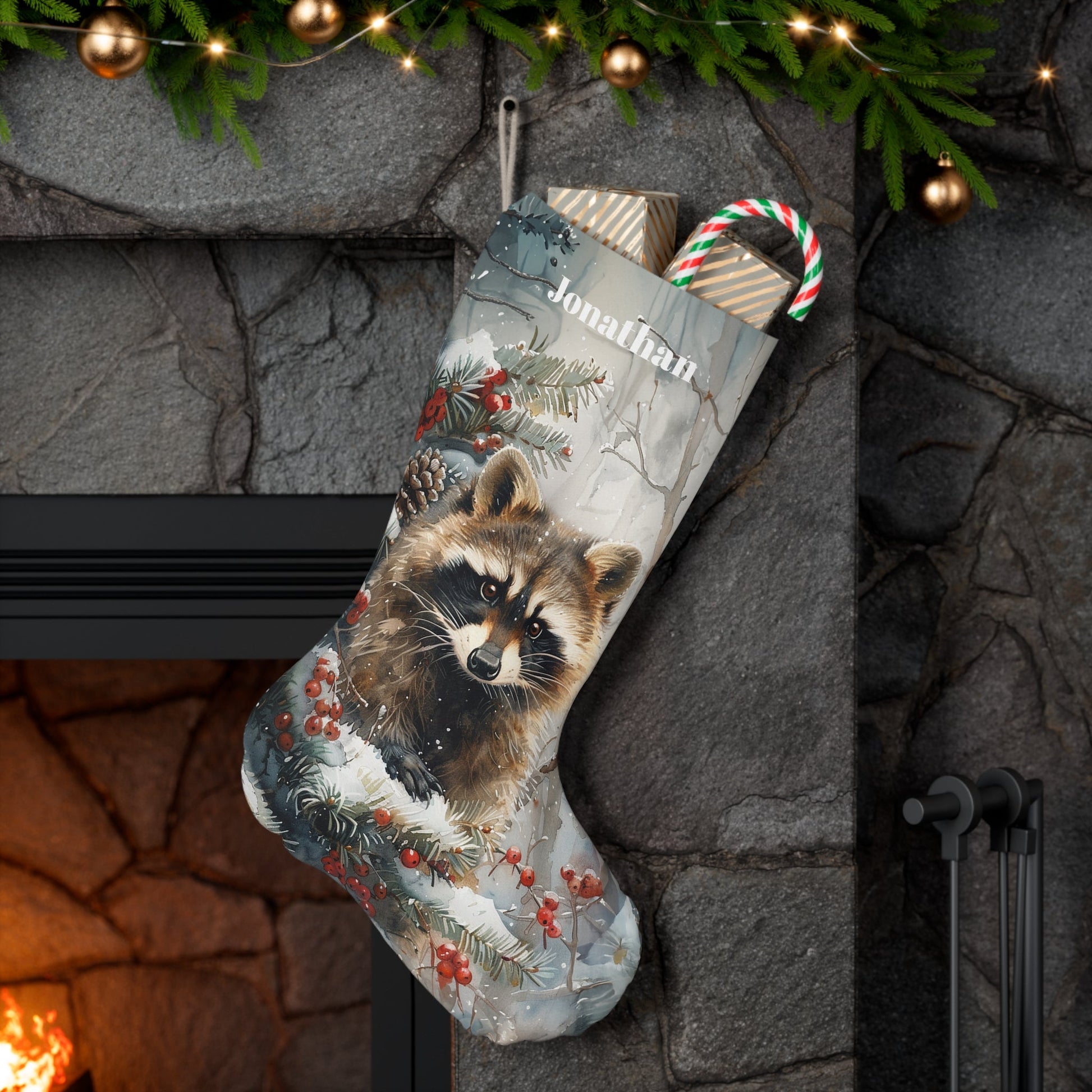 Raccoon Art Wildlife Christmas Stocking - Personalized Rustic Holiday Decor - FlooredByArt