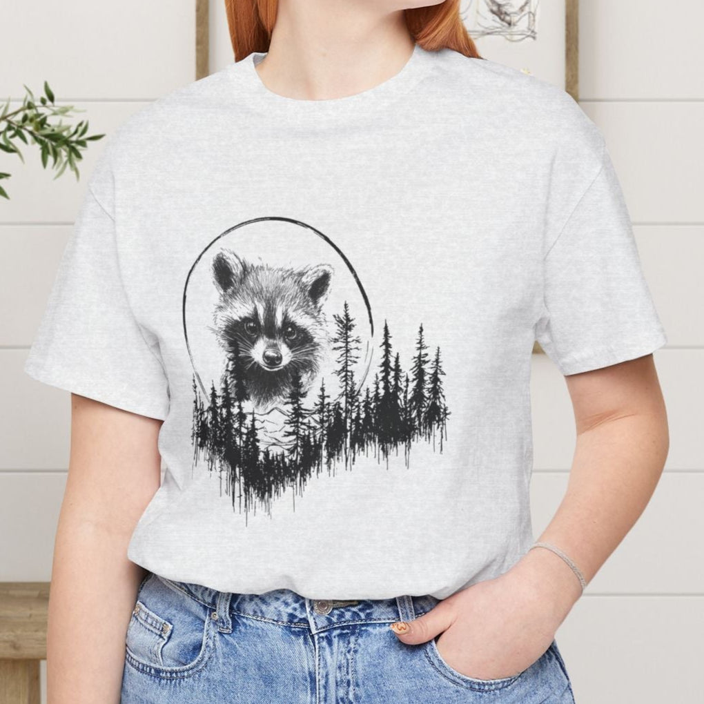 Raccoon Line Art and Forest T-Shirt – Woodland Animal Art, Trail Walking, Perfect Gift - FlooredByArt