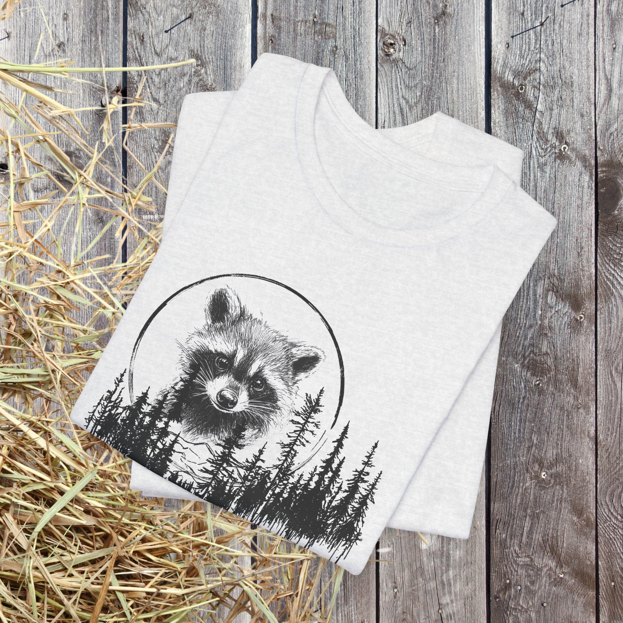 Raccoon Line Art and Forest T-Shirt – Woodland Animal Art, Trail Walking, Perfect Gift - FlooredByArt