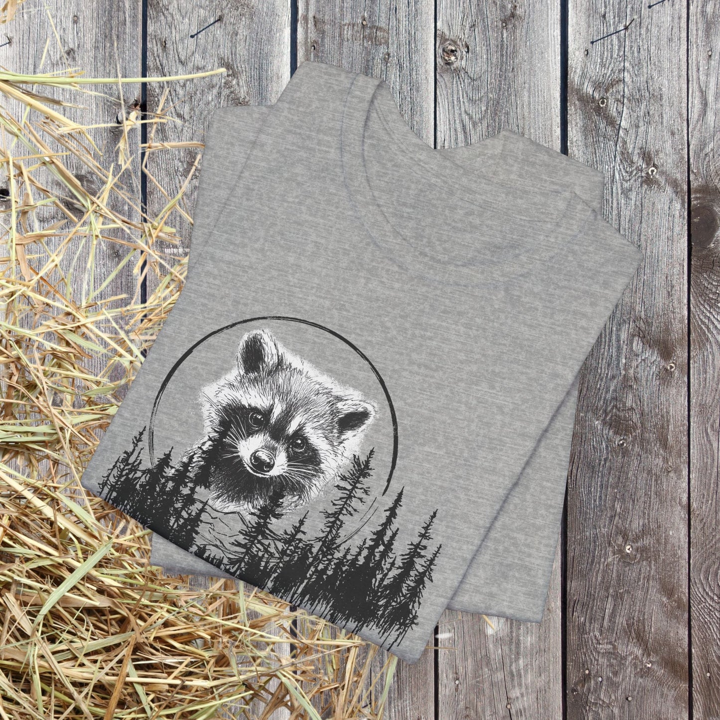 Raccoon Line Art and Forest T-Shirt – Woodland Animal Art, Trail Walking, Perfect Gift - FlooredByArt