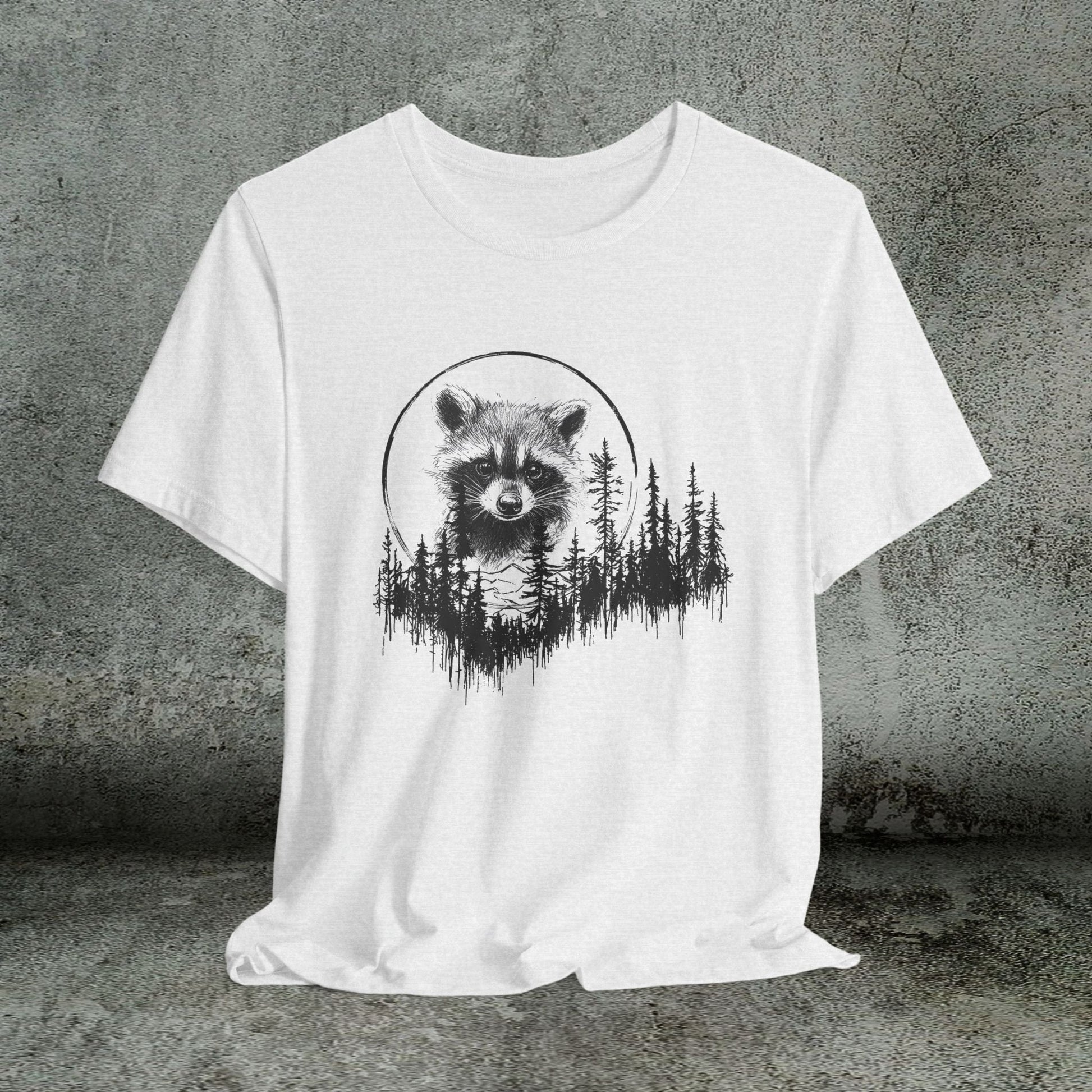 Raccoon Line Art and Forest T-Shirt – Woodland Animal Art, Trail Walking, Perfect Gift - FlooredByArt