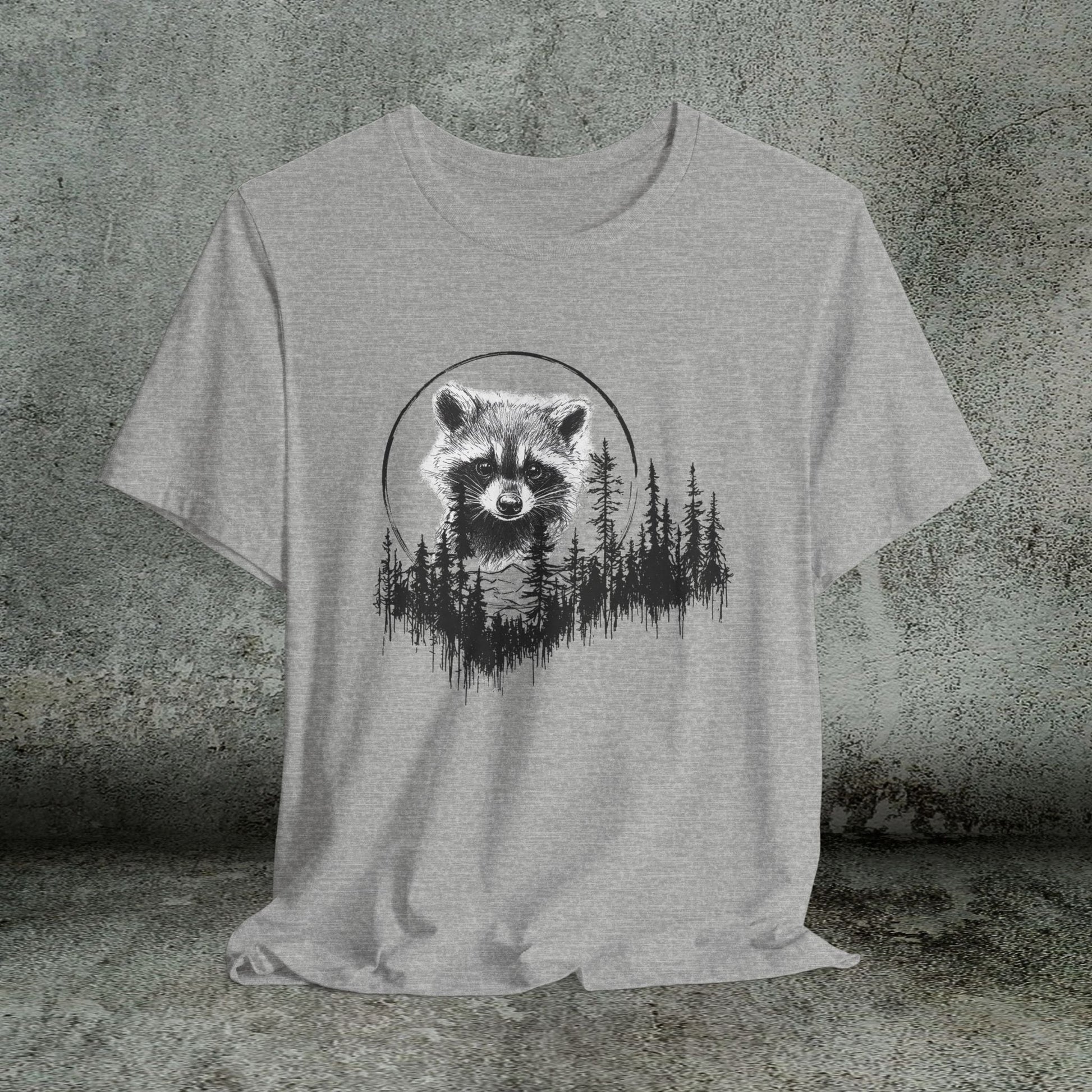 Raccoon Line Art and Forest T-Shirt – Woodland Animal Art, Trail Walking, Perfect Gift - FlooredByArt