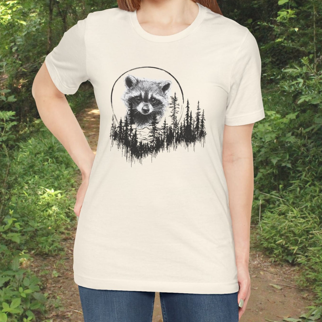 Raccoon Line Art and Forest T-Shirt – Woodland Animal Art, Trail Walking, Perfect Gift - FlooredByArt
