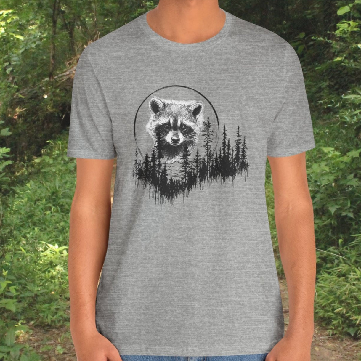 Raccoon Line Art and Forest T-Shirt – Woodland Animal Art, Trail Walking, Perfect Gift - FlooredByArt
