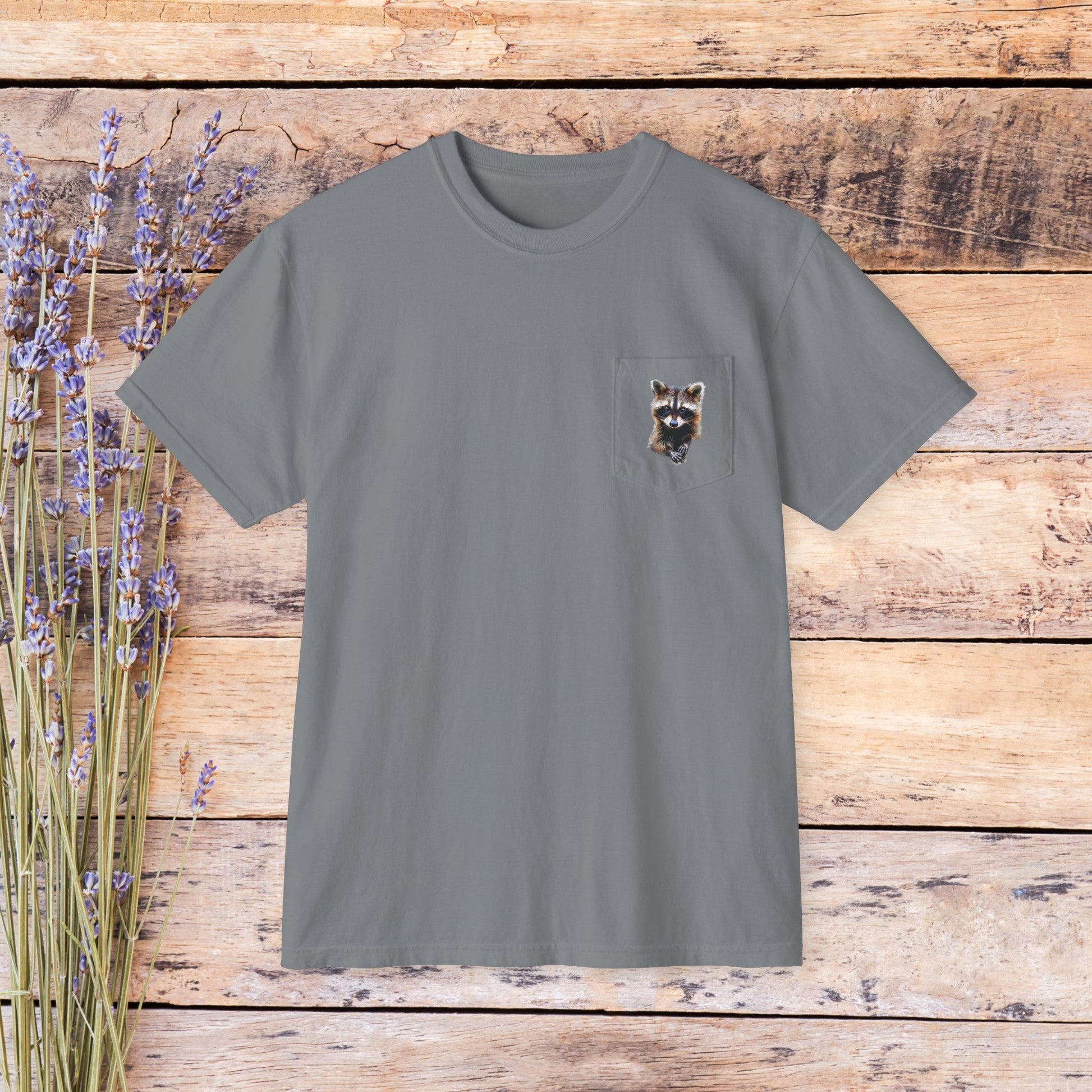 Raccoon Minimalist Pocket Graphic T-shirts, Wildlife Raccoon Art Tshirt, Print Front - Back - FlooredByArt