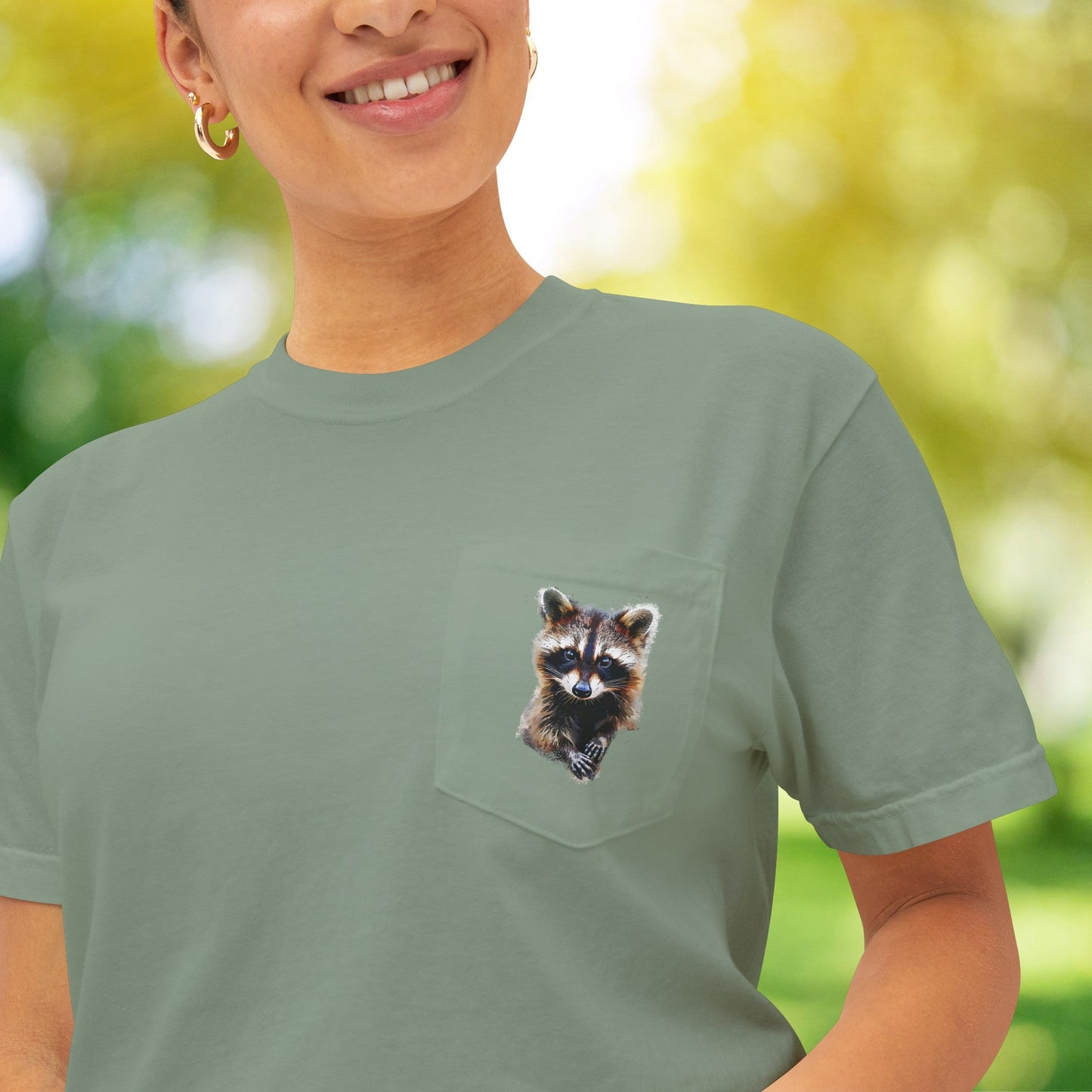 Raccoon Minimalist Pocket Graphic T-shirts, Wildlife Raccoon Art Tshirt, Print Front - Back - FlooredByArt