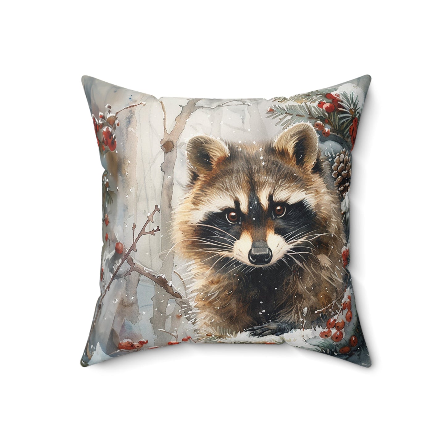 Raccoon Throw Pillow, Woodland Winter Wildlife, Watercolor Art Raccoon Throw Pillow - FlooredByArt