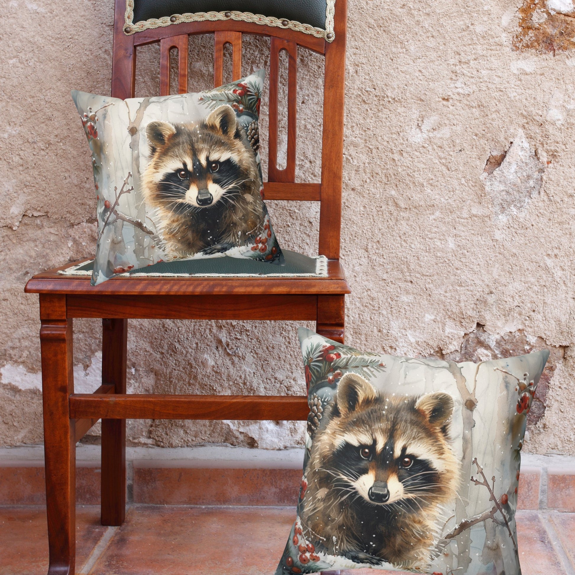 Raccoon Throw Pillow, Woodland Winter Wildlife, Watercolor Art Raccoon Throw Pillow - FlooredByArt