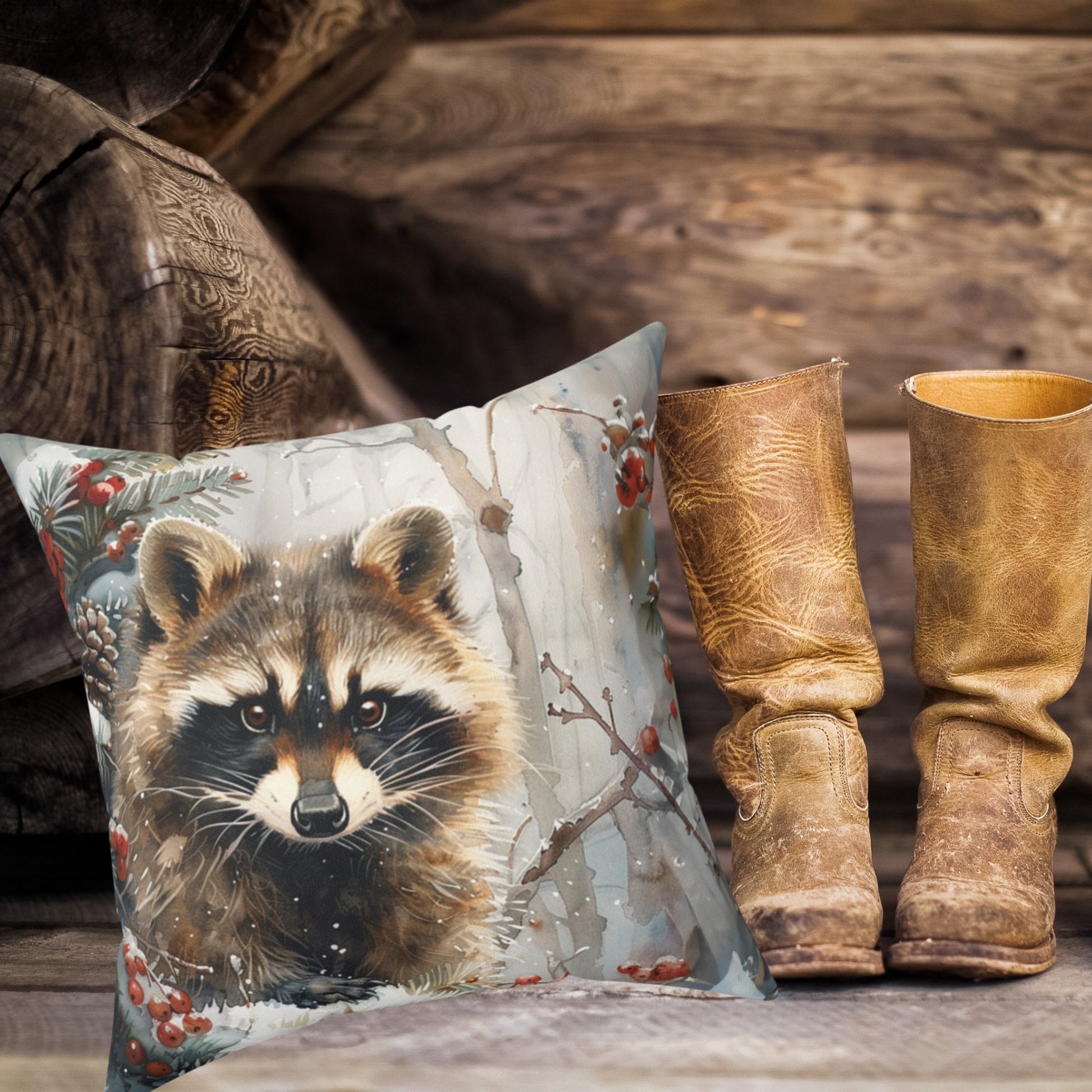 Raccoon Throw Pillow, Woodland Winter Wildlife, Watercolor Art Raccoon Throw Pillow - FlooredByArt