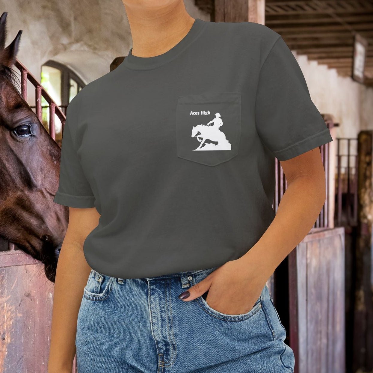 Ranch Riding Reining Horse Art Pocket T-shirt, Minimalist Drawing Sliding Stop - FlooredByArt
