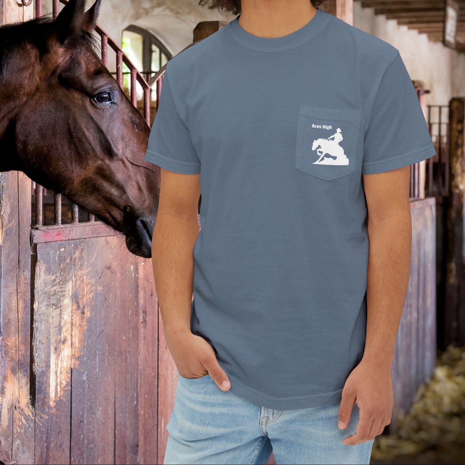 Ranch Riding Reining Horse Art Pocket T-shirt, Minimalist Drawing Sliding Stop - FlooredByArt