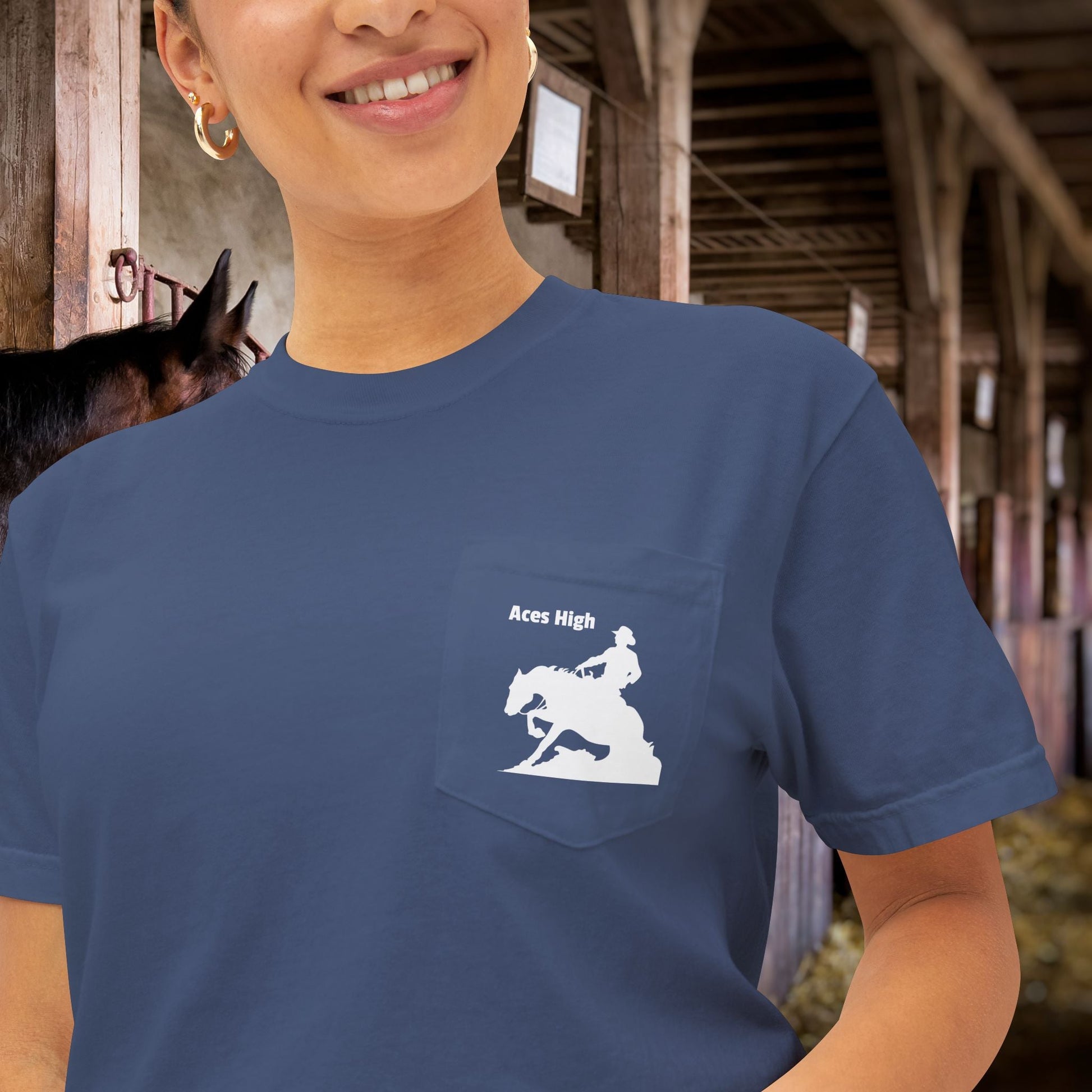 Ranch Riding Reining Horse Art Pocket T-shirt, Minimalist Drawing Sliding Stop - FlooredByArt