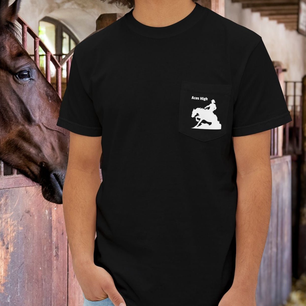 Ranch Riding Reining Horse Art Pocket T-shirt, Minimalist Drawing Sliding Stop - FlooredByArt