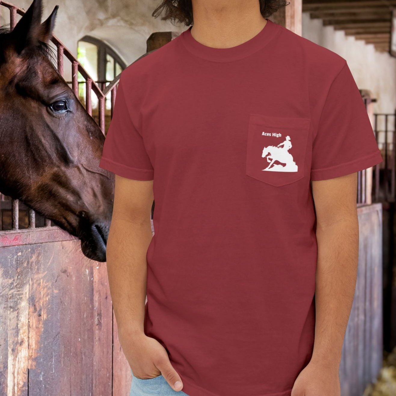 Ranch Riding Reining Horse Art Pocket T-shirt, Minimalist Drawing Sliding Stop - FlooredByArt