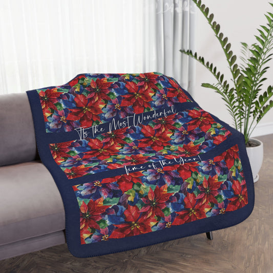 Red Pointsettia Christmas Blanket, The Most Wonderful Time, Holiday Floral Red Throw - FlooredByArt