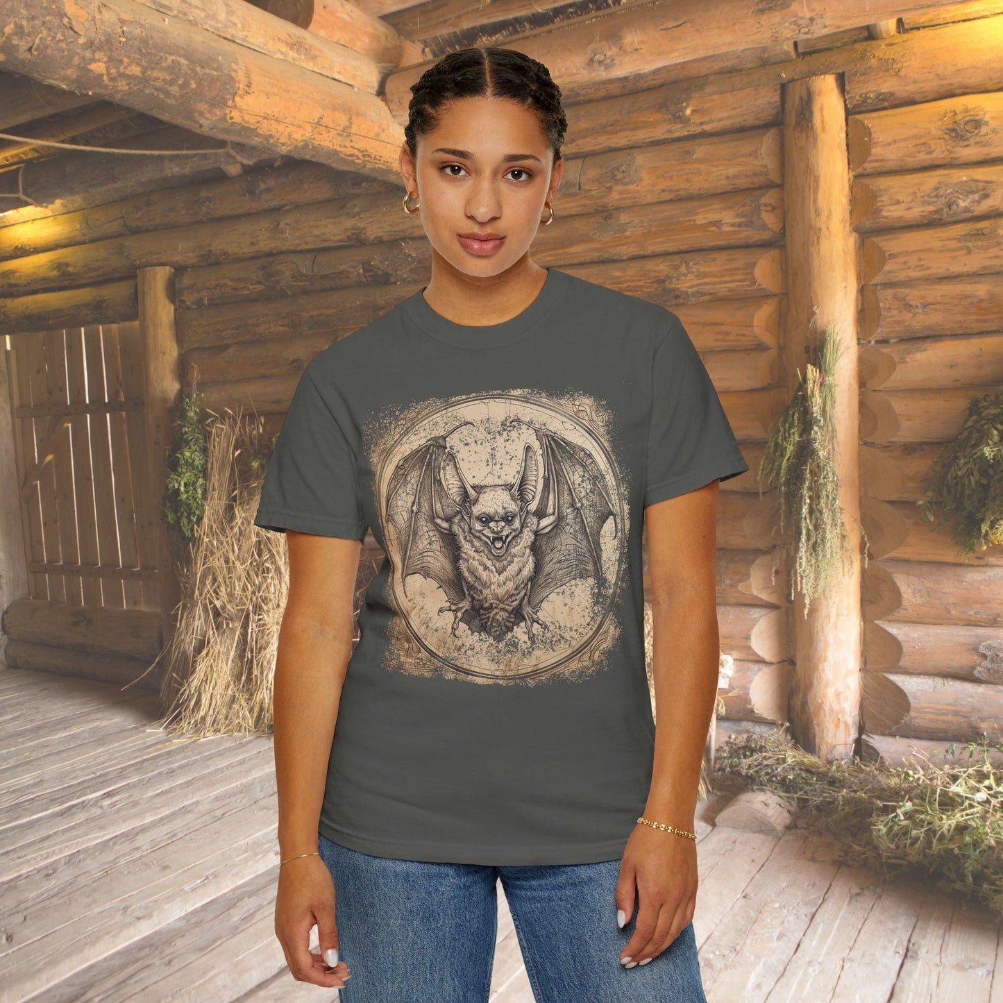 Retro Bat Comfort Colors® T-Shirt – Gothic Bat Drawing Tee Great Trail or Everyday Wear - FlooredByArt
