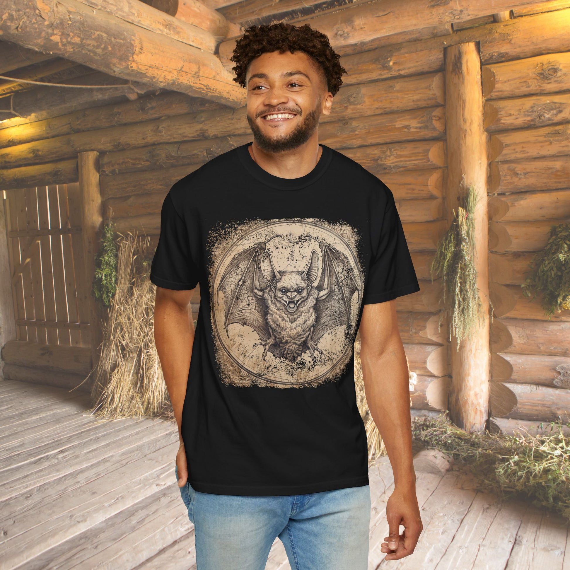 Retro Bat Comfort Colors® T-Shirt – Gothic Bat Drawing Tee Great Trail or Everyday Wear - FlooredByArt