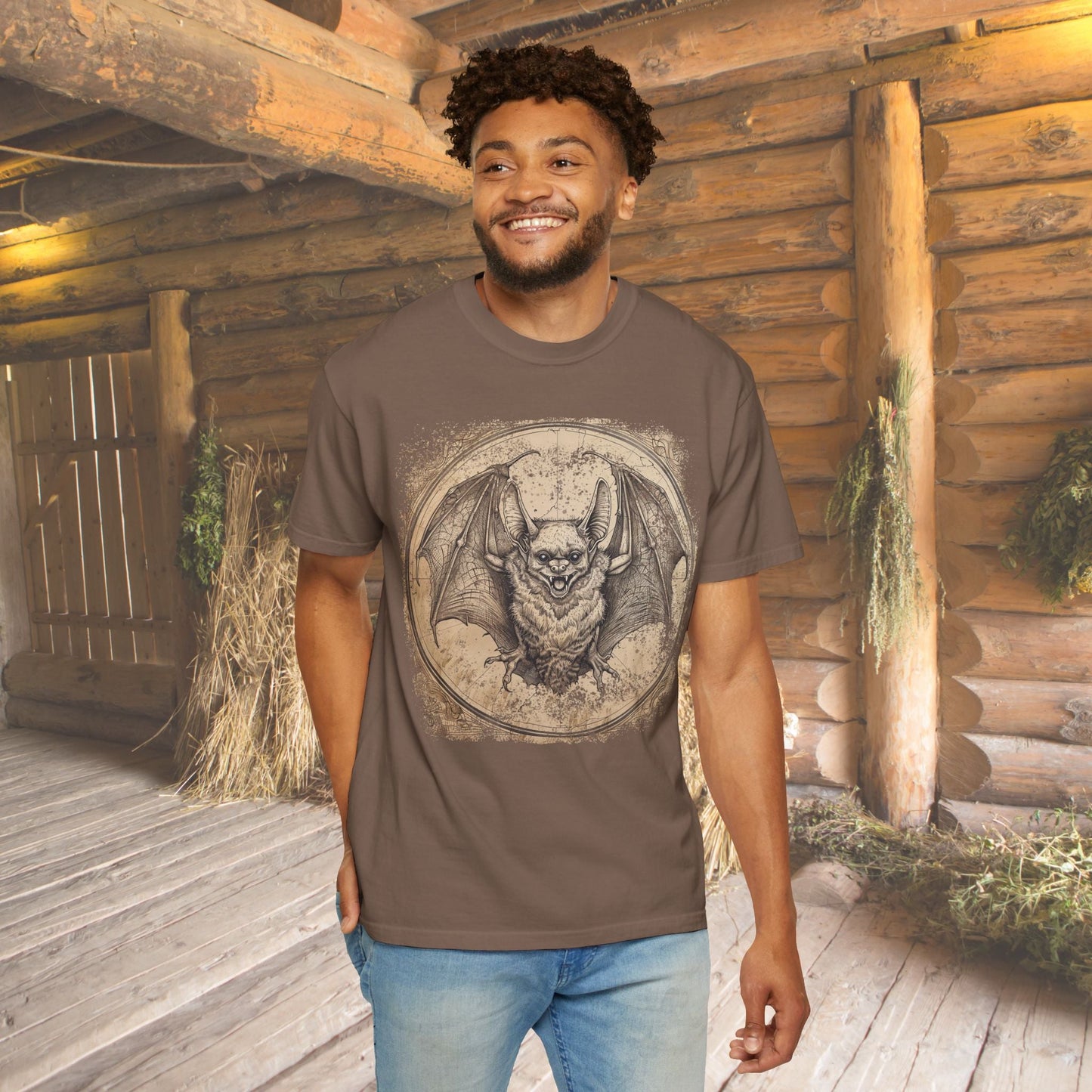 Retro Bat Comfort Colors® T-Shirt – Gothic Bat Drawing Tee Great Trail or Everyday Wear - FlooredByArt